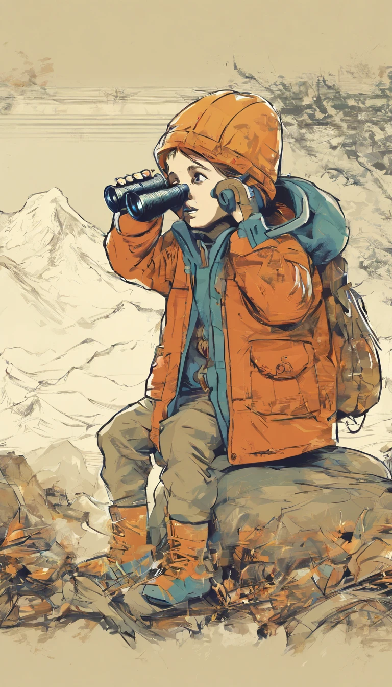 vector art, child using binoculars looking up