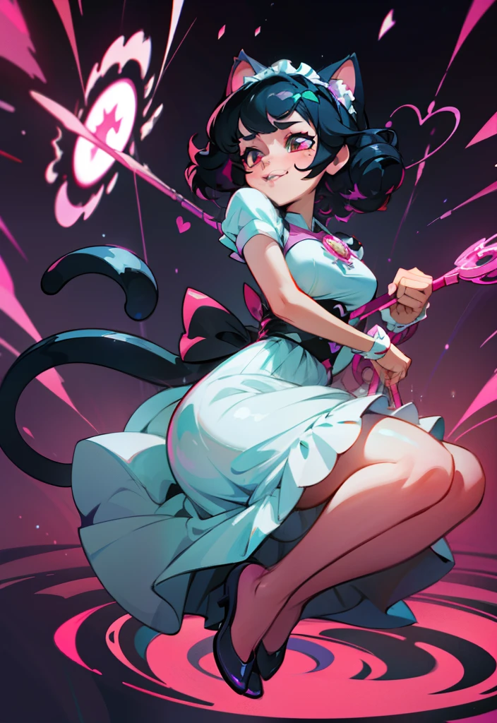 Girl in black and white dress, Pink tail, anime cat girl in a maid costume, style of magical girl, Small two-tone curls, fleshy feeling, sparkling magical girl, portrait of magical girl, anime girl in a maid costume, nyaruko-san, Splash art, Openwork maid costume, lollipop, Detailed key anime art, white hair, long hai , huge boobs, full body, sexy, lip bite, ahegao, smiling, {{{red eyes}}}, {{{black hair}}}, huge breasts, huge ass {{{rainbow hair strands}}}, glitch, computer, hacking, glitchy