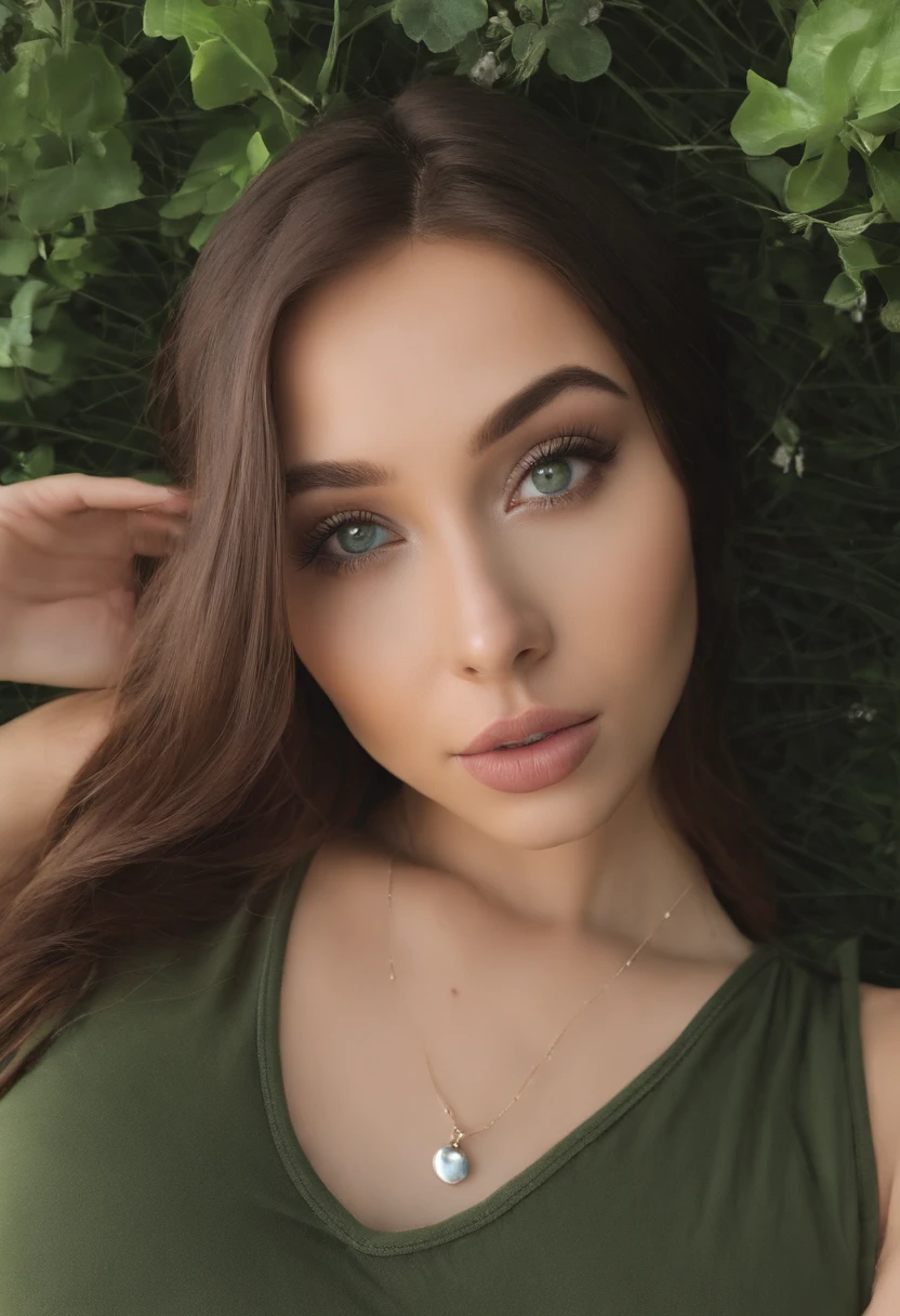 Japan woman with white tank top and necklace, Sexy girl with green eyes, Portrait Sophie Mudd, brown hair and large eyes, selfie of a young woman, Chamber Eye, Violet Myers, makeup-free, natural make up, looking straight at camera, Artgram Face, subtle makeup, stunning closeupheadshot, Pierced green eyes