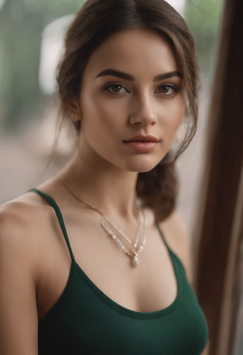 Japan woman with white tank top and necklace, Sexy girl with green eyes, Portrait Sophie Mudd, brown hair and large eyes, selfie of a young woman, Chamber Eye, Violet Myers, makeup-free, natural make up, looking straight at camera, Artgram Face, subtle makeup, stunning closeupheadshot, Pierced green eyes
