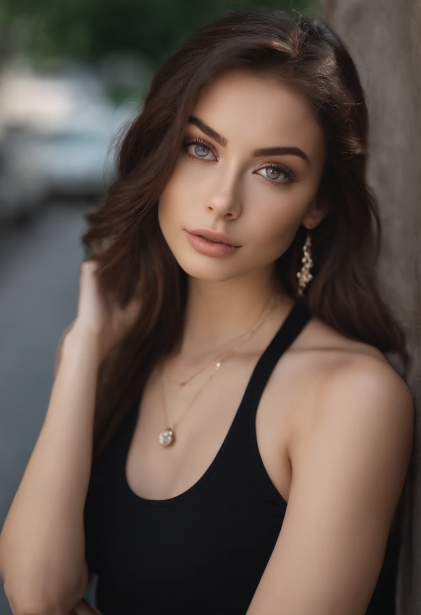 Japan woman with white tank top and necklace, Sexy girl with green eyes, Portrait Sophie Mudd, brown hair and large eyes, selfie of a young woman, Chamber Eye, Violet Myers, makeup-free, natural make up, looking straight at camera, Artgram Face, subtle makeup, stunning closeupheadshot, Pierced green eyes