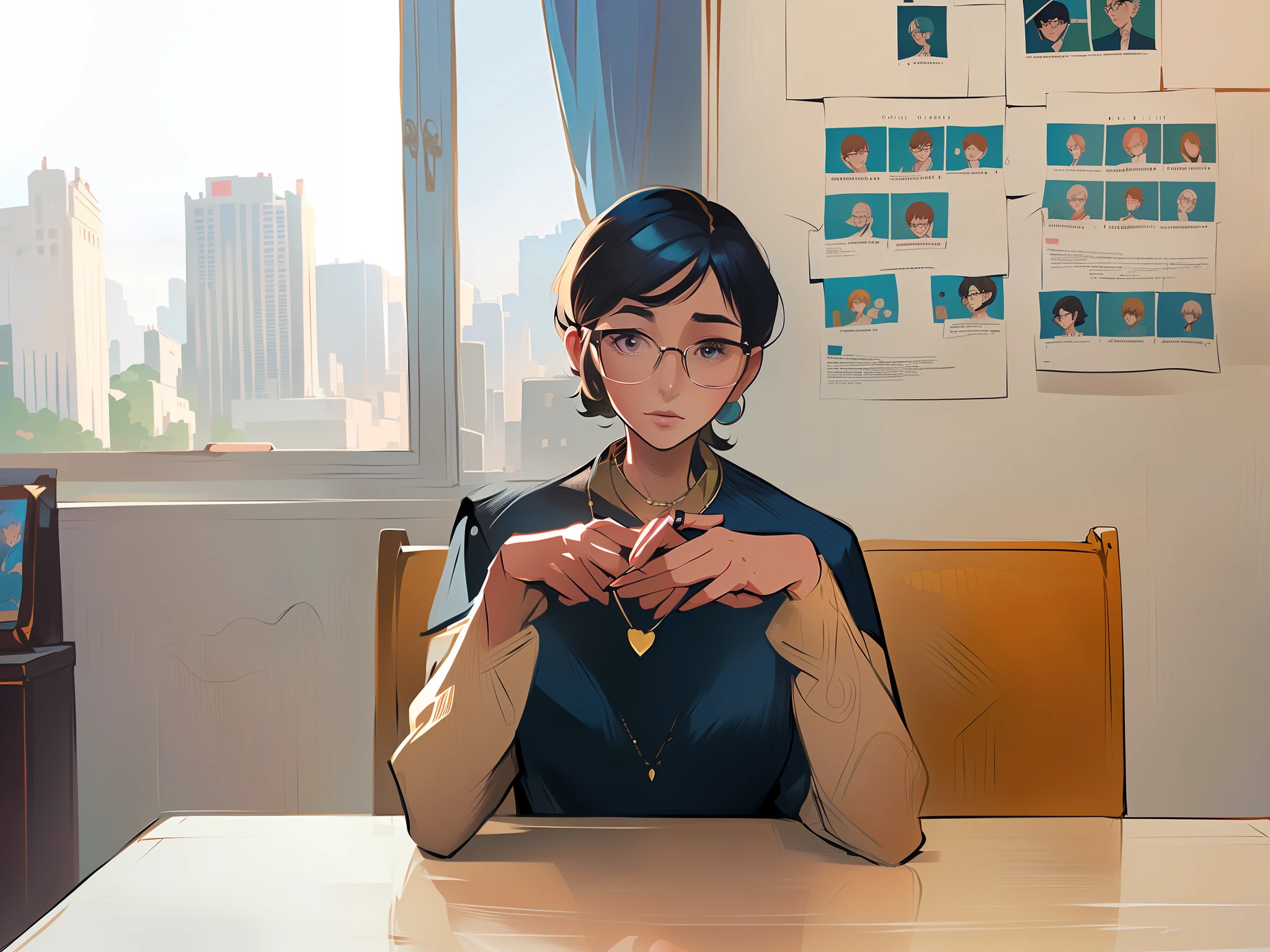 a close up of a woman wearing glasses and a necklace, Short hair,Guviz-style artwork, Guviz, digital art of an elegant, high quality portrait, elegant digital painting, Exquisite digital illustration, Stunning anime face portrait, Beautiful digital illustration, a beautiful anime portrait, in the art style of bowater, Beautiful digital artwork, Digital anime illustration,