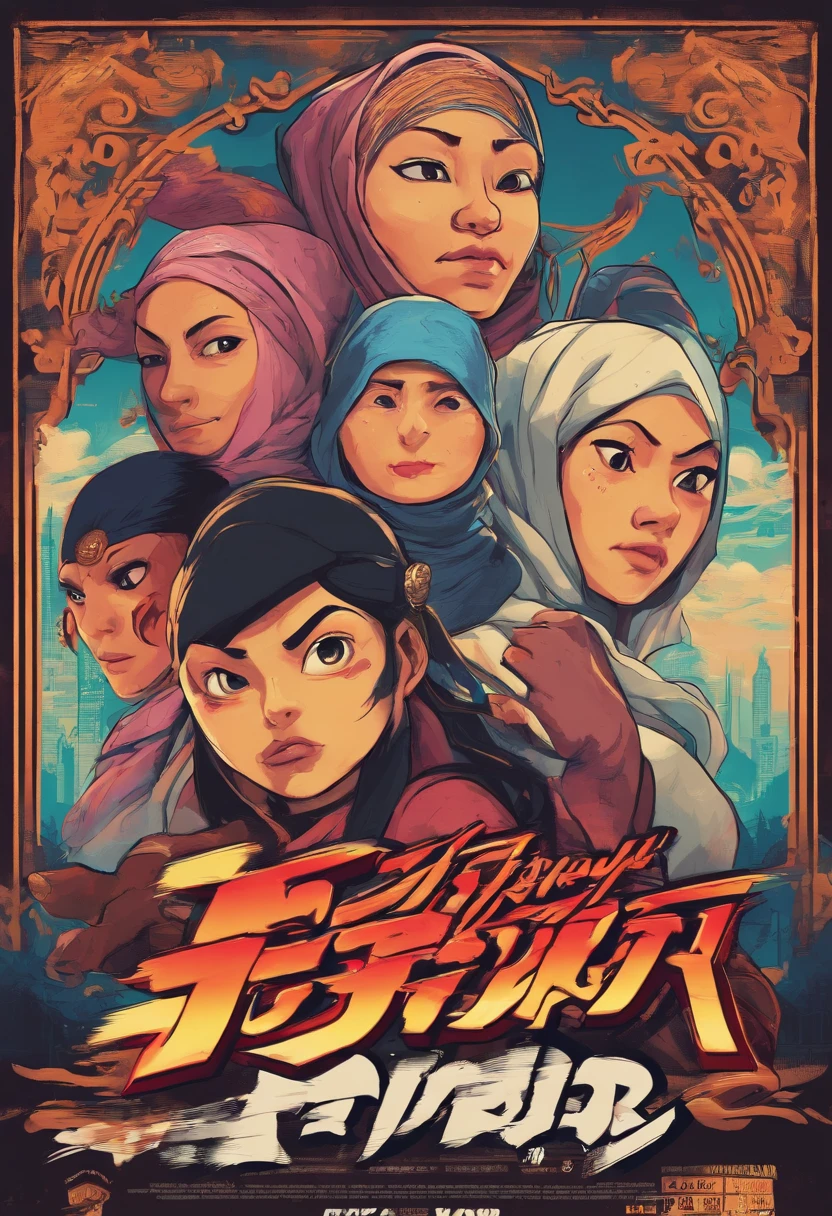 Design a hilarious movie poster featuring the three malay female in hijab as a main characters of our comedy film. Show them caught in a comical situation, with exaggerated facial expressions and props that reflect their distinct personalities. Add a touch of whimsy and fun to the poster to convey the lighthearted spirit of the movie