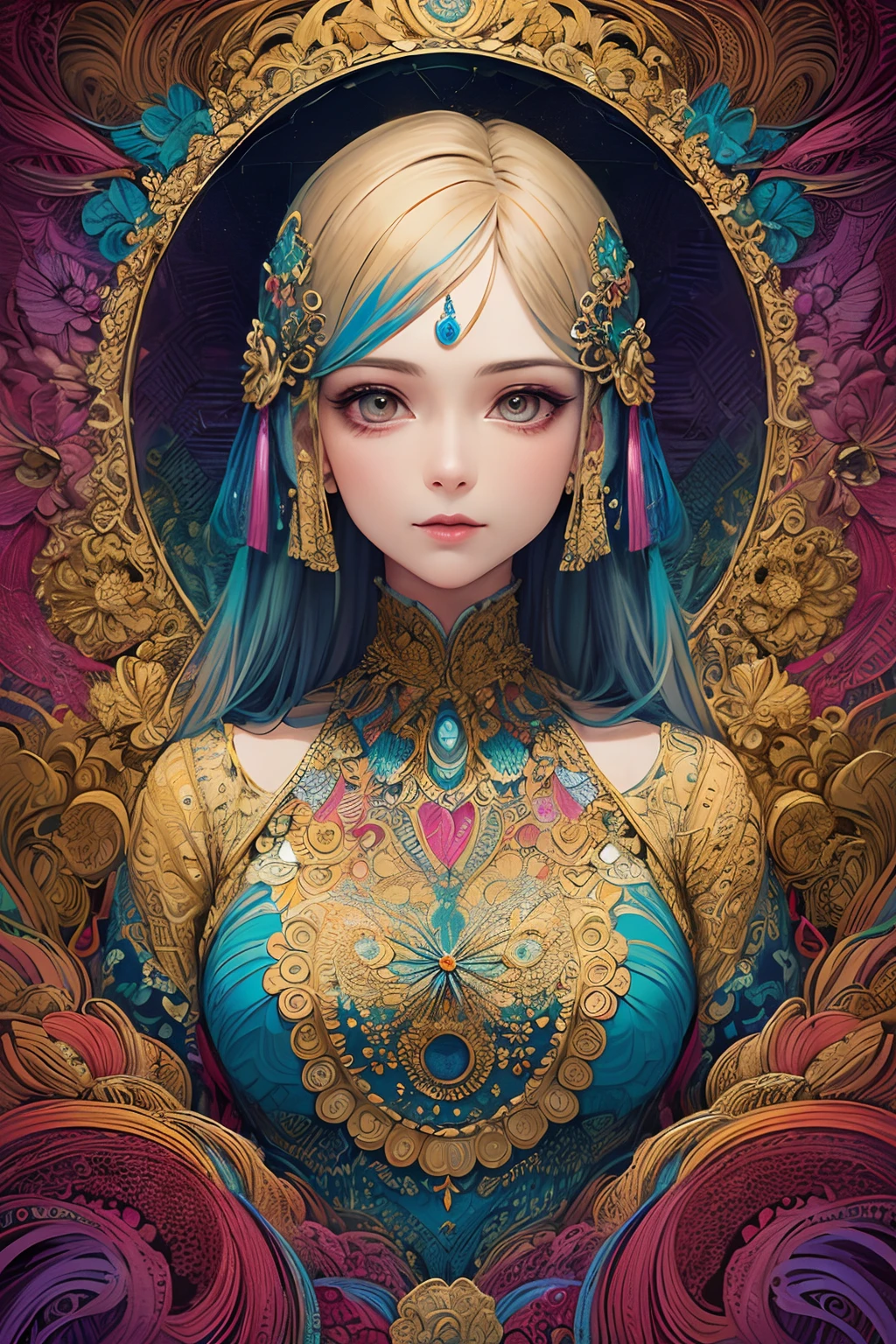 (masterpiece, top quality, best quality, official art, beautiful and aesthetic:1.2), (1girl:1.3), extremely detailed,(fractal art:1.2),colorful,highest detailed,(zentangle:1.2), (dynamic pose), (abstract background:1.5), (treditional dress:1.2), (shiny skin), (many colors:1.4), upper body