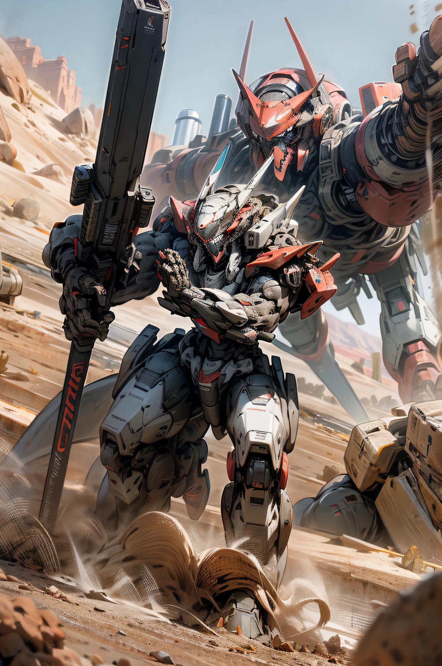 mecha, centaur-like, weapons, high tech, patlabor, desert, fighting, shooting, monsters, absurdres, high res, ultrasharp, 8k, masterpiece