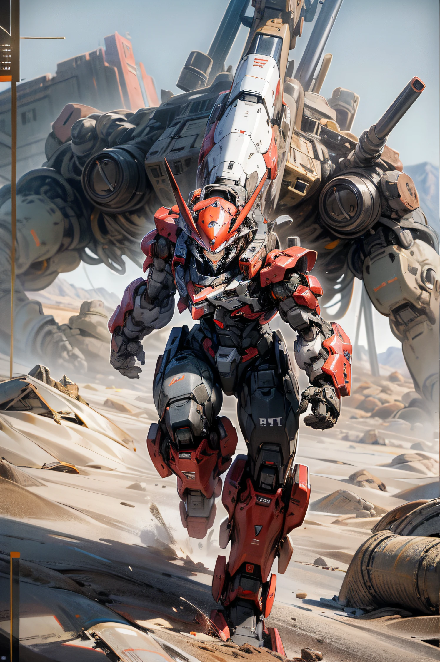 mecha, quadrupedal, gunmetal, high tech, patlabor, desert, fighting, shooting, monsters, absurdres, high res, ultrasharp, 8k, masterpiece