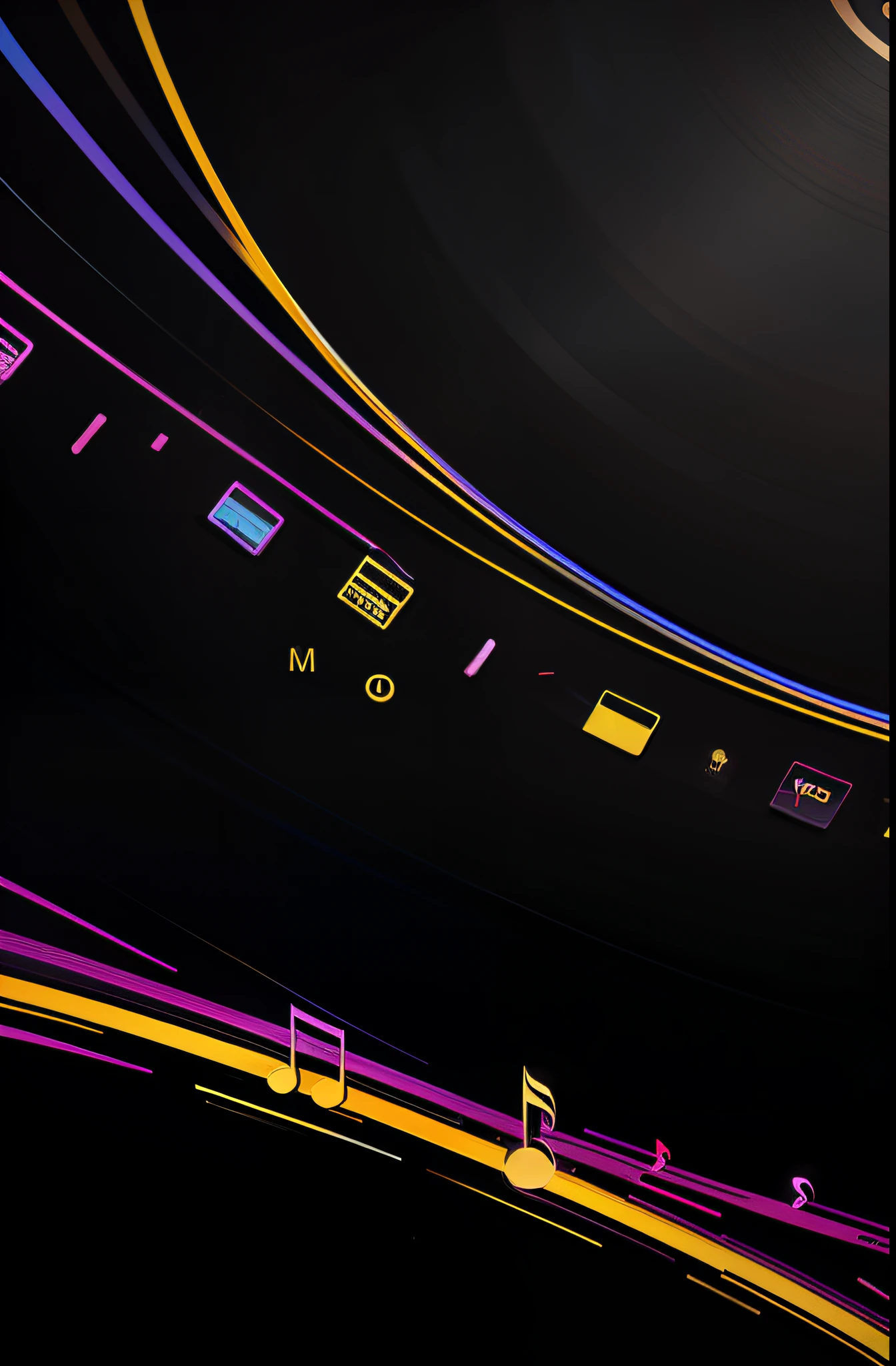 a black background with a music note on it,logo art, , tee shirt graphic, multicolored art, graphic musicality, . blender art, silk screen 4k, gold black and rainbow colors. minimalistic background. high quality logo. vinyl. and music note in the center