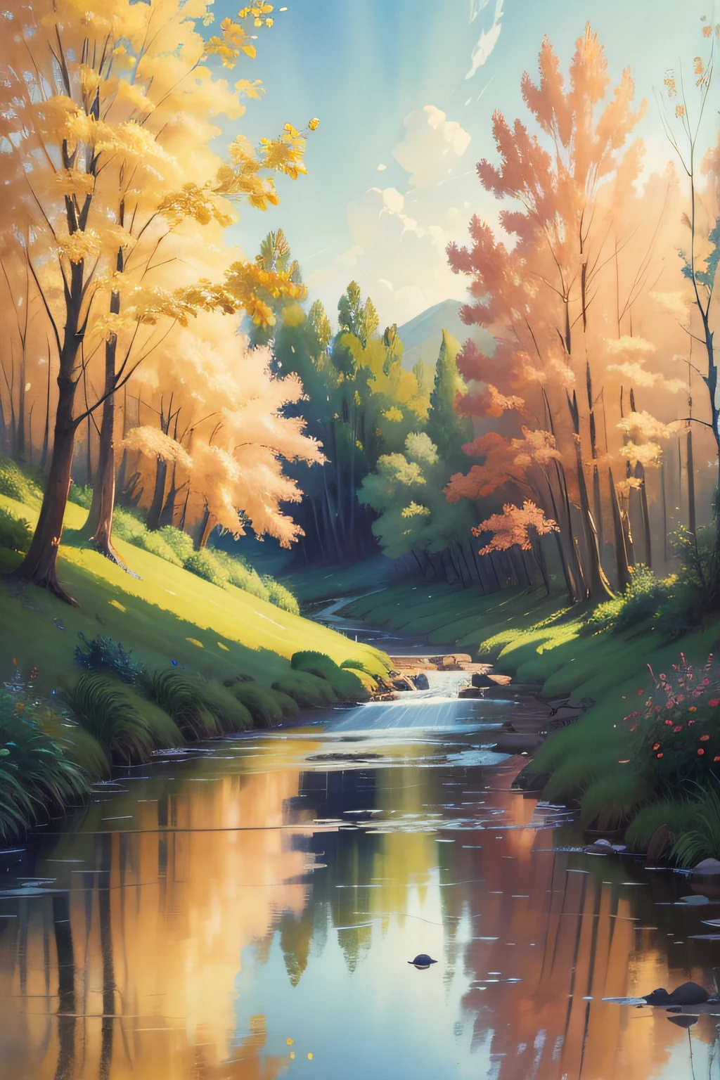 A watercolor painting with Impressionistic brushwork, showing a serene riverside scene where the river gently flows, symbolizing the desire for nature to "show me the way." The soft colors create a tranquil atmosphere
