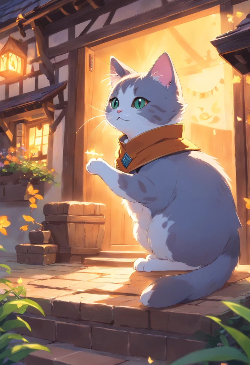 A Munchkin cat in a wizard's outfit conjuring a powerful spell atop a house in a small medieval village