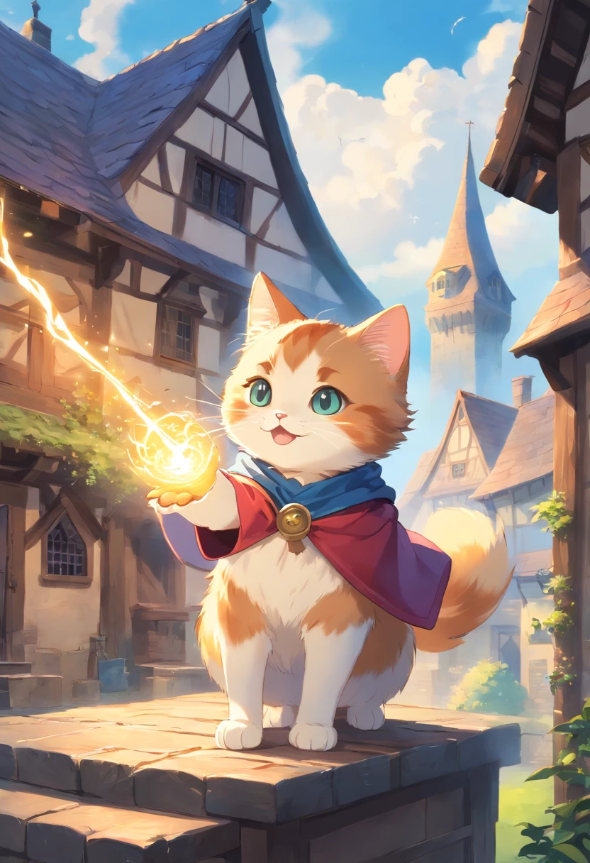 A Munchkin cat in a wizard's outfit conjuring a powerful spell atop a house in a small medieval village
