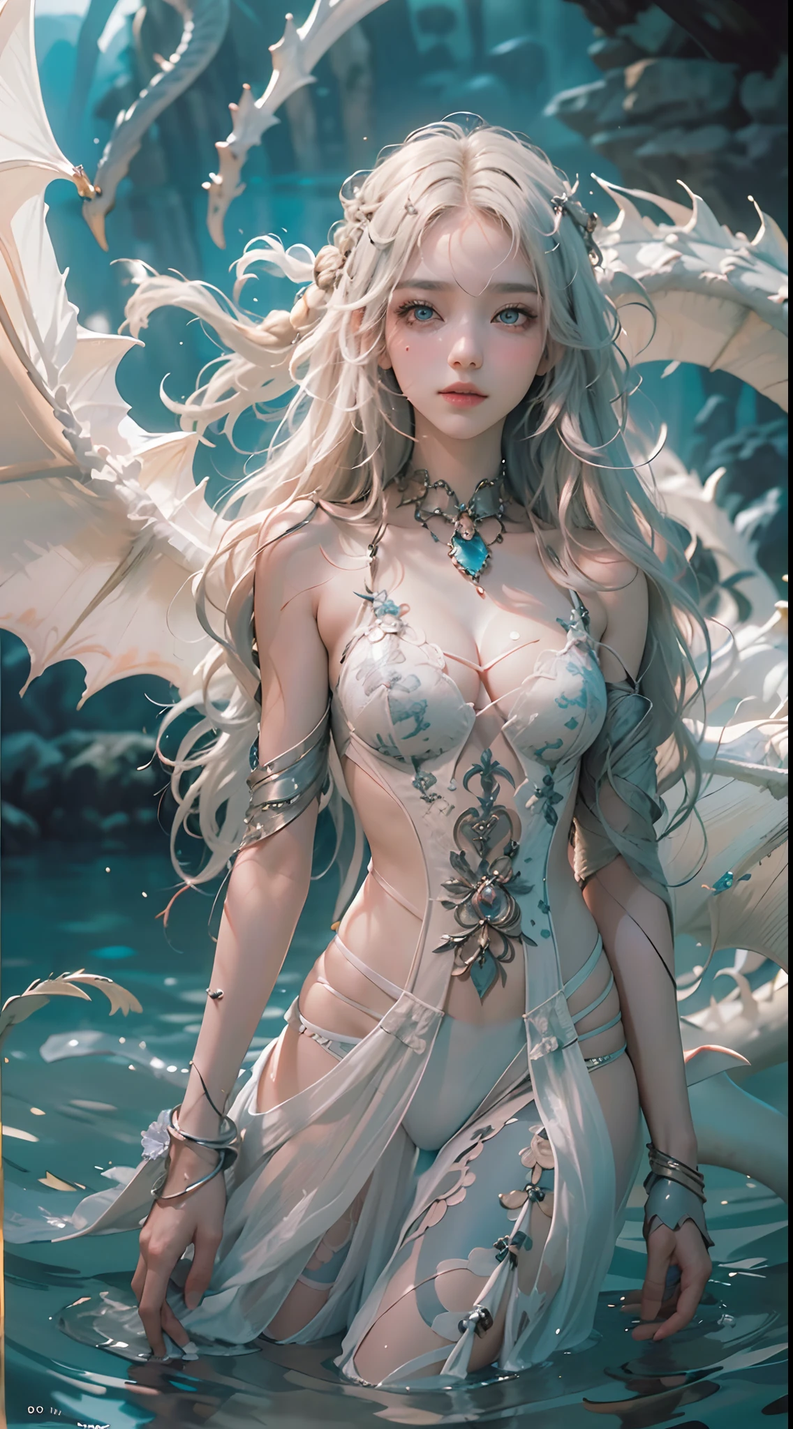 Low Teen Girl, 10yaers old, Dragon Princess, (Top quality real textured skins),(Fine, round, Symmetrical eyes),Delicate facial features,(Burn bright and cold eyes), Very slim and thin body, Naked, , (She has a mischievous smile on her face),(Her face is gentle and beautiful),(Full body portrait:1.5),(dramatic photography:1.4),(dramatic pose),(flamboyant photo),Messy picture,(Hair flows in the water:1.5),(Dramaticlight),(magnificent scene),(Surrounded by beautiful dragons),magnificent realism,Cinematic sensation,(High Density Imaging Review:1.5),(soft colours:1.2),ultra-detailliert,Dramaticlight,(intricate detailes:1.1),the complex background,Dragon horns grow,Dragon Wings,