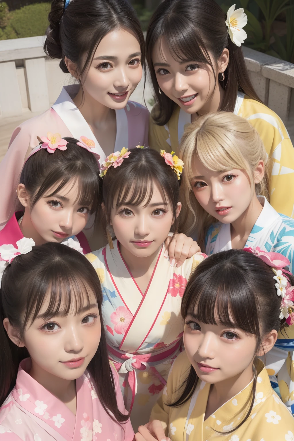 Outrageous resolution、hight resolution、(masterpiece:1.4)、ultra-detailliert、Crisp details、Dramatic and photorealistic pictorial art、Super Sentai Series、All in yukata(shuicolor、Light yellow、white colors、Beige、pink there、Fivesome)Everyone smiles、