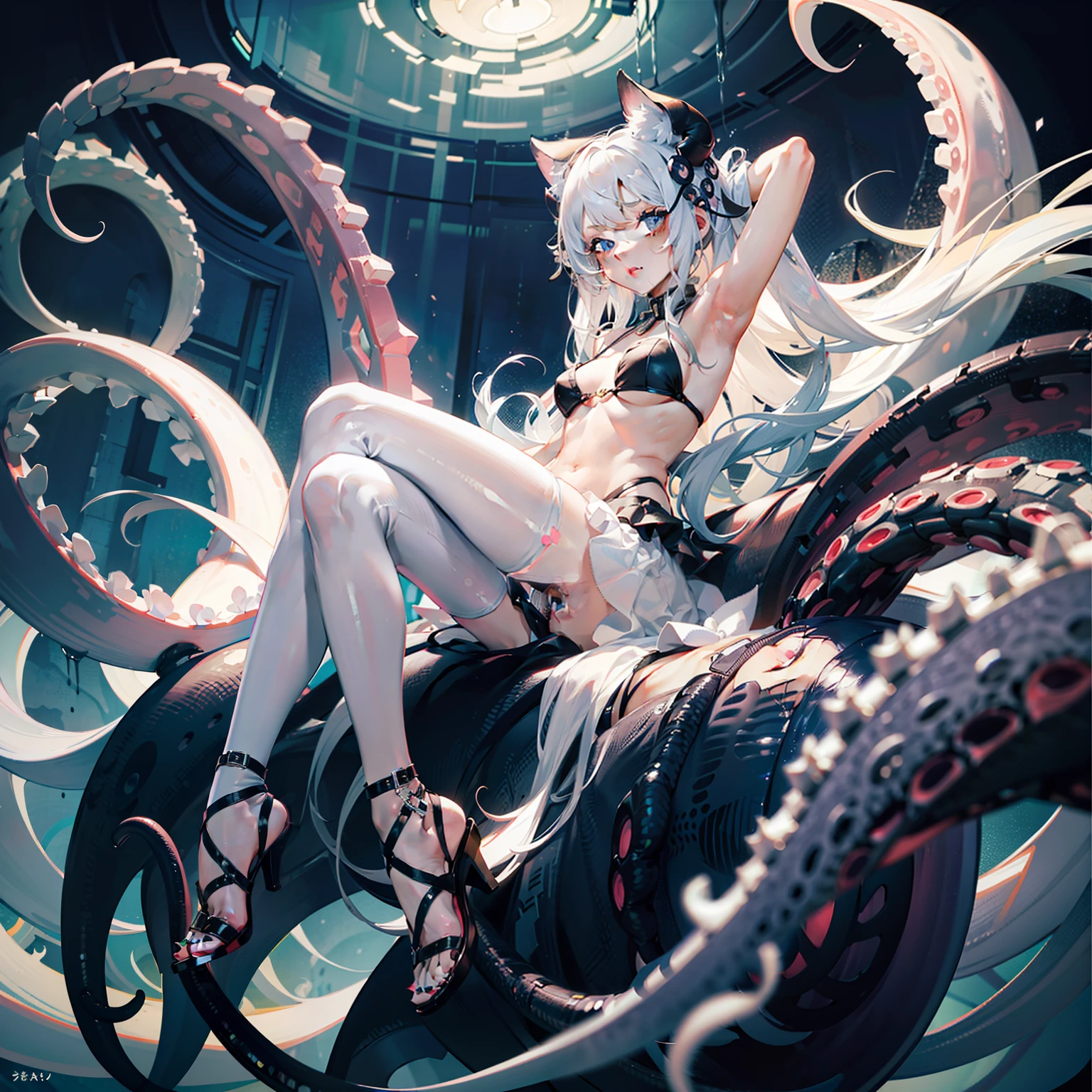 The girl has white hair，The girl wears white stockings on her legs，Girl wearing erotic panties，The cell has four walls，The cells had no windows, The girl can't escape，The girl was in a dimly lit cell，The cells were full of black tentacles，The girl lay on the floor of the cell，A dragon's tail grows from the girl's ass，The girl did not wear shoes，The girl raised her hands above her head and the back of her head, The girl's hands were tied by tentacles，The girl showed her armpits，The girl has white liquid under her armpits，The girl was not wearing any clothes，The girl exposes her sexual organs，Girls wear only underwear and bras，white liquid on your face，The girl had a white liquid in her mouth，There is a white liquid on the body。There is a white liquid next to the girl。The girl wears a pink leather dog collar around her neck，The girl opened her mouth wide，Sticking out his tongue,Completely bare shoulders and abdomen，The girl gasped。Slim legs，delicated face，The girl has white liquid on her face，Small and delicate feet。The thighs and calves are fully presented in front of me，The girl had no shoes on her feet，There was a large amount of white liquid on the floor of this cell，There is a lot of white liquid on the girl，There were black tentacles that circled around the girl's ankles a few times，There were black tentacles that circled around the girl's thighs a few times，There were black tentacles that circled around the girl's neck a few times，There were black tentacles that circled around the girl's thighs a few times。There were black tentacles that circled around the girl's feet a few times。