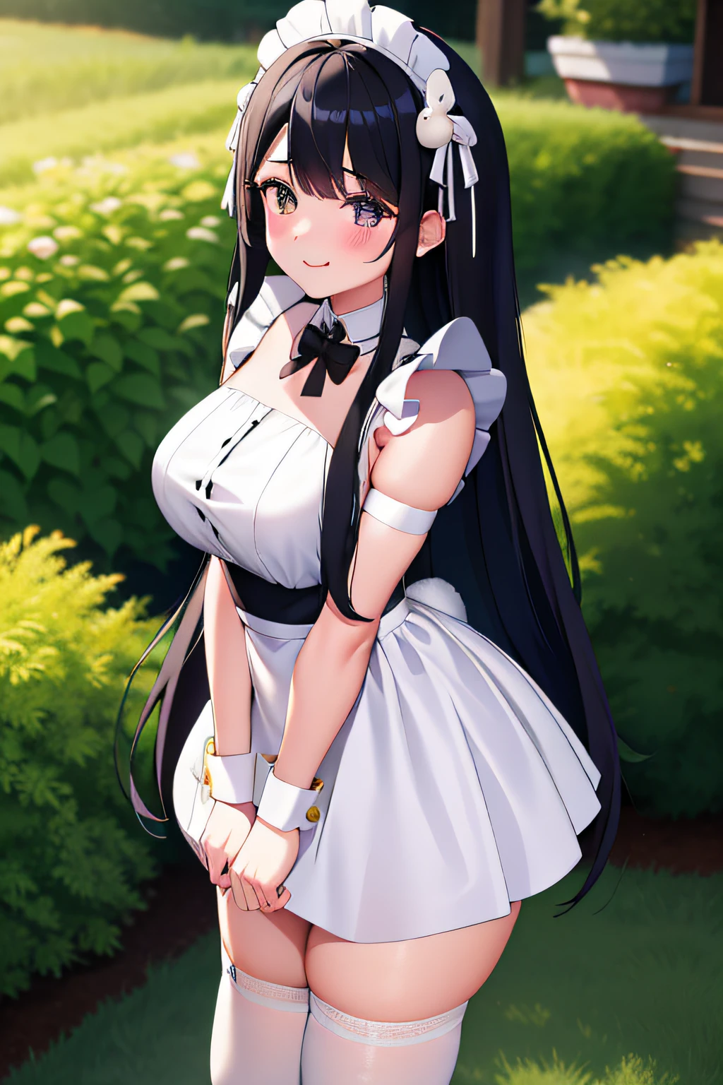 4K,s girl,cute face,Long black hair,Black eyes,ssmile,mediuml breasts,White skirt,the maid outfit,Little bunny hair ornaments,white stockings,high-heels,full bodyesbian,In the garden,with hands behind her back,The skirt flutters,The edges are illuminated