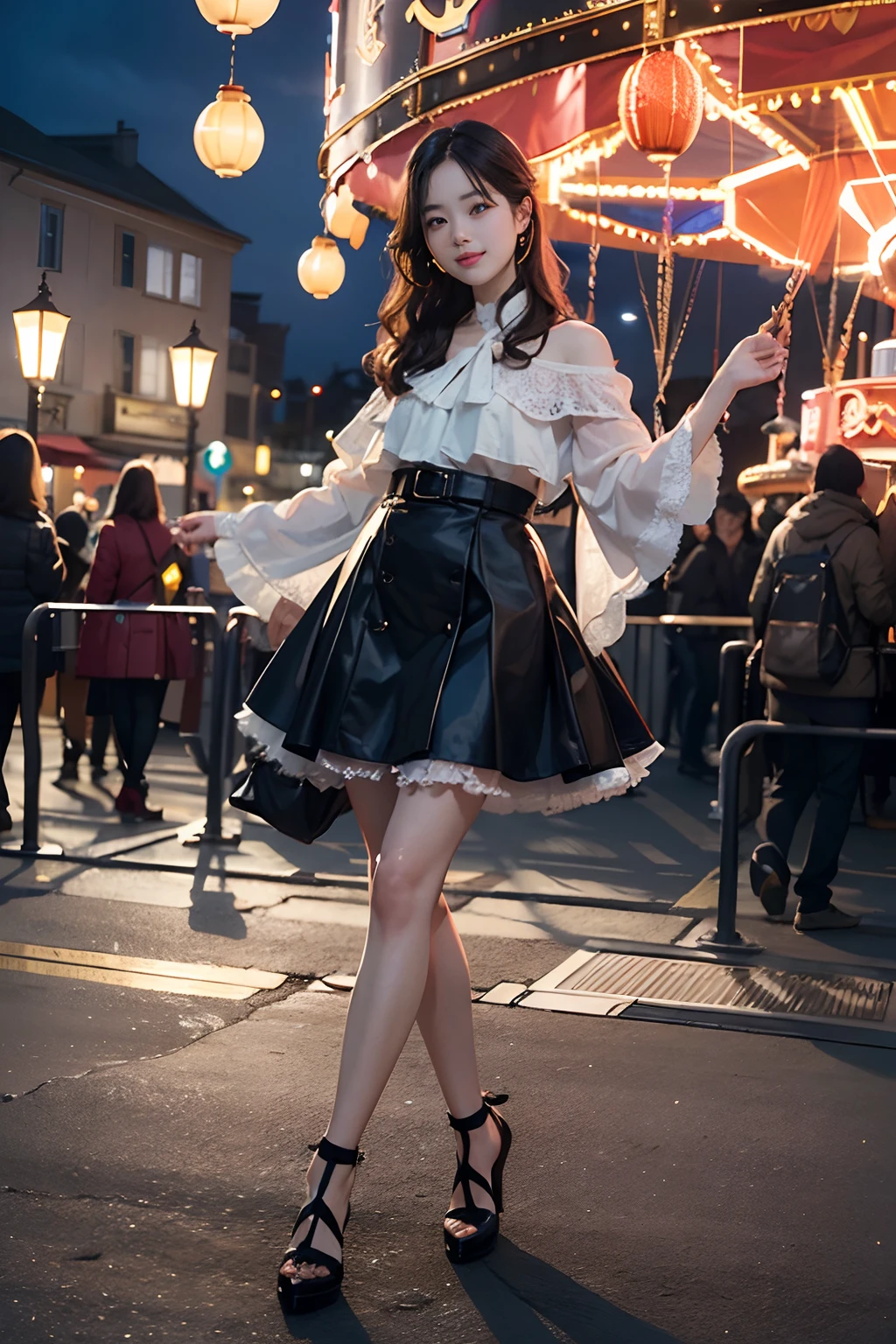 (8K、top-quality、超A high resolution、​masterpiece:1.2)、(Photorealsitic:1.4)、(detailed skins:1.3)、女の子1人、Beautiful model at 18 years old、Perfect Style、Beautiful Japan actress、Fashionable clothing、Trendy clothes、(Detail Eye) 、A smile、(Night amusement park、Lit up、illuminations)、Luminous balloon、Happiness、the Ferris wheel、merry-go-round、rollercoaster、Elaborate CG 8K wallpapers、(dynamicposes:1.2)、full body Esbian、beautiful  lighting、profetional lighting、(foco nítido)