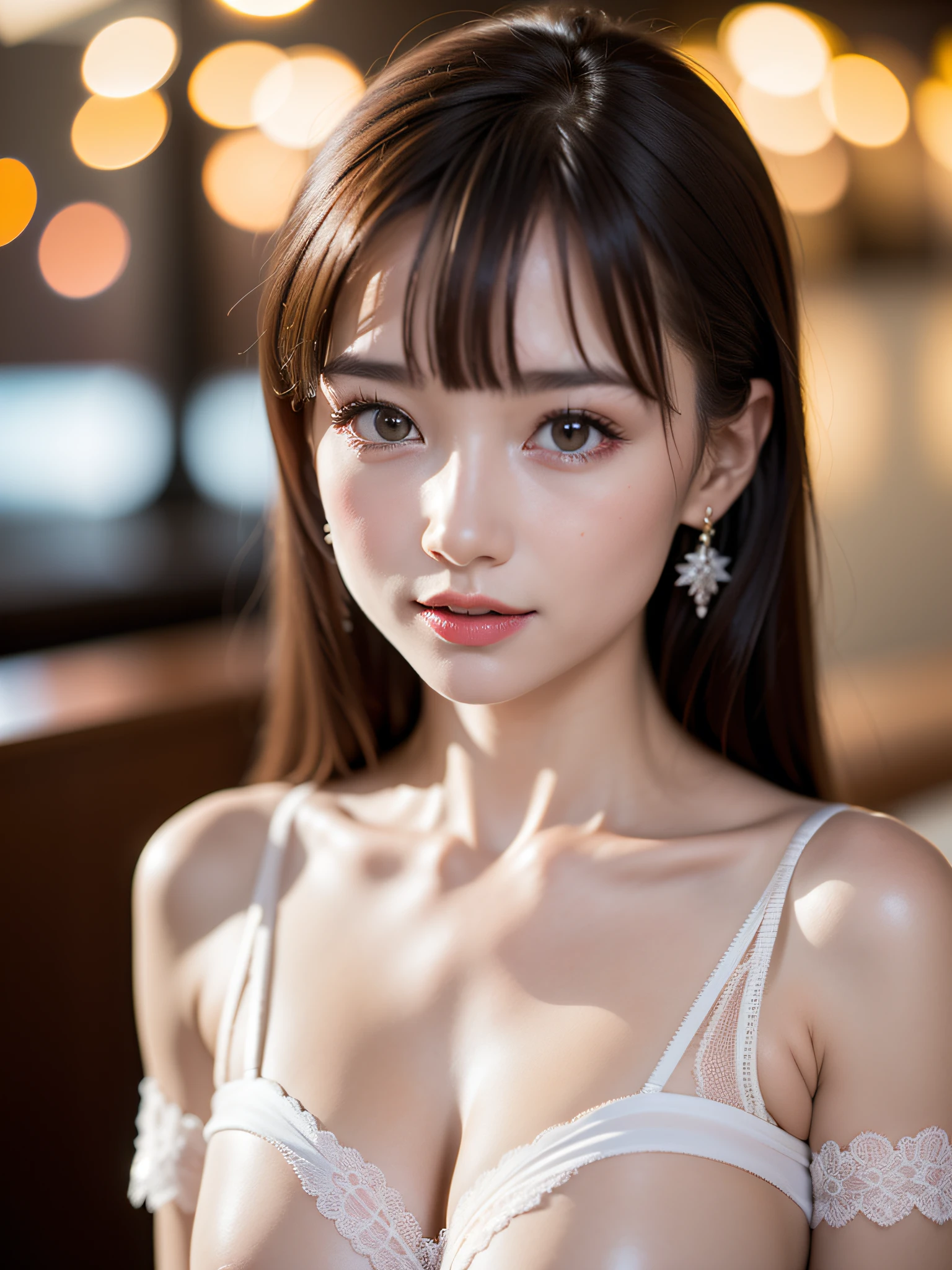 1beautiful young girls, Super beautiful detailed face, (Slightly open mouth:1.1), (Sexy look:1.1), (Beautiful big breasts:1.3), ((naked sheer lace underwear:1.4), Bare shoulders, wearing naked, (Bare chest), side breasts, pubick hair, cameltoe details, (Fine face:1.2), Accessories, earrings, conceptual art, High quality, Realistic, extremely detailed CG unified 8k wallpaper, ighly detailed, High-definition raw color photos, professional photograpy, Realistic portrait, Cinematic Light, Beautiful detailed, high details, (((Bokeh))), depth of fields, illumination, hotel bar lounge,