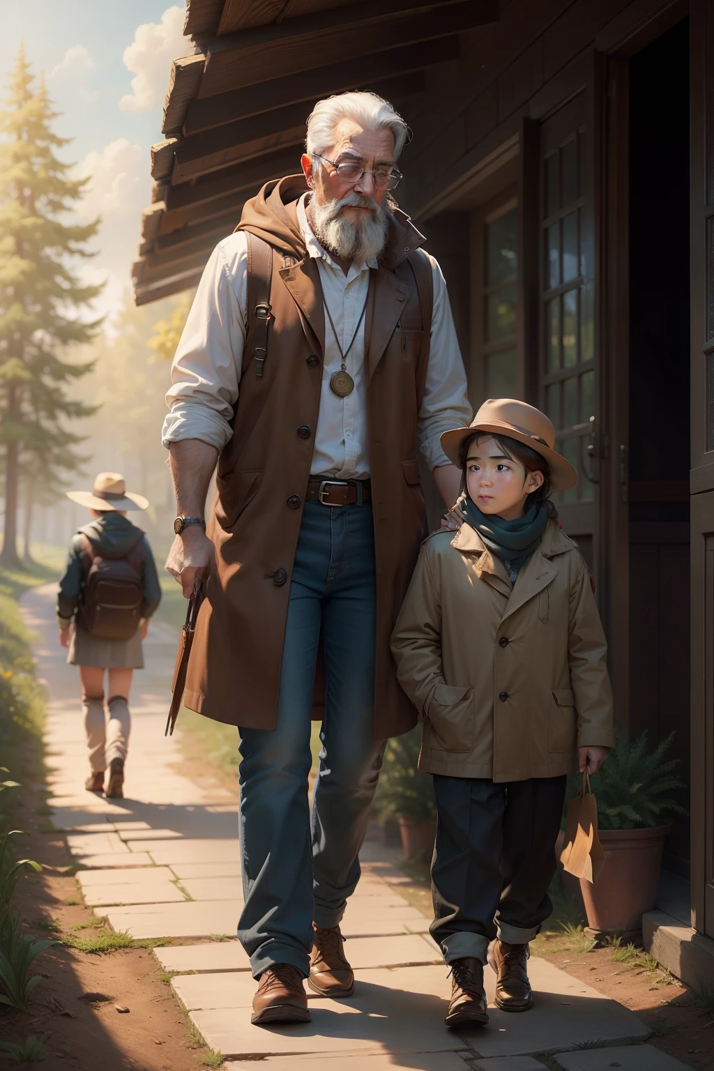 An oil painting in the Realist style featuring a wise mentor guiding a younger person through a challenging journey. The phrase "show me the way" embodies mentorship and learning
