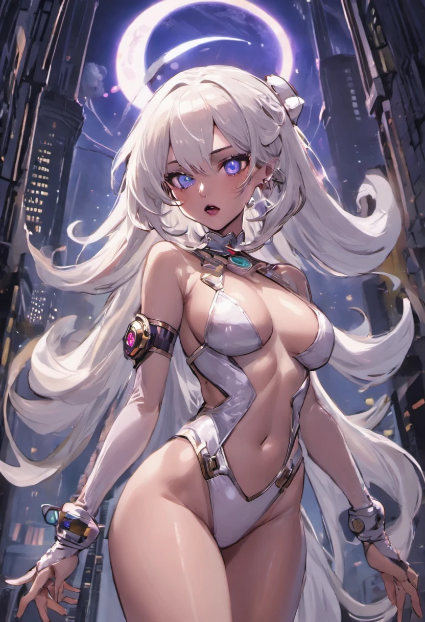 Masterpiece, Highest quality, (solofocus), (Perfect face:1.1),（Full body like：1.4）， (High detail:1.1),Dramatic, 1人, (Pale skin), Long white hair, White eyes, [Light eyebrows], Solo, Long hair, Moon, Night, white luxury suit, covered navel, pouty lips, Covered, Futuristic city, Detailed background, Art by Artgerm and Greg Rutkowski, Cinematic lighting, rosette, Fashion, BalenciagaStyle