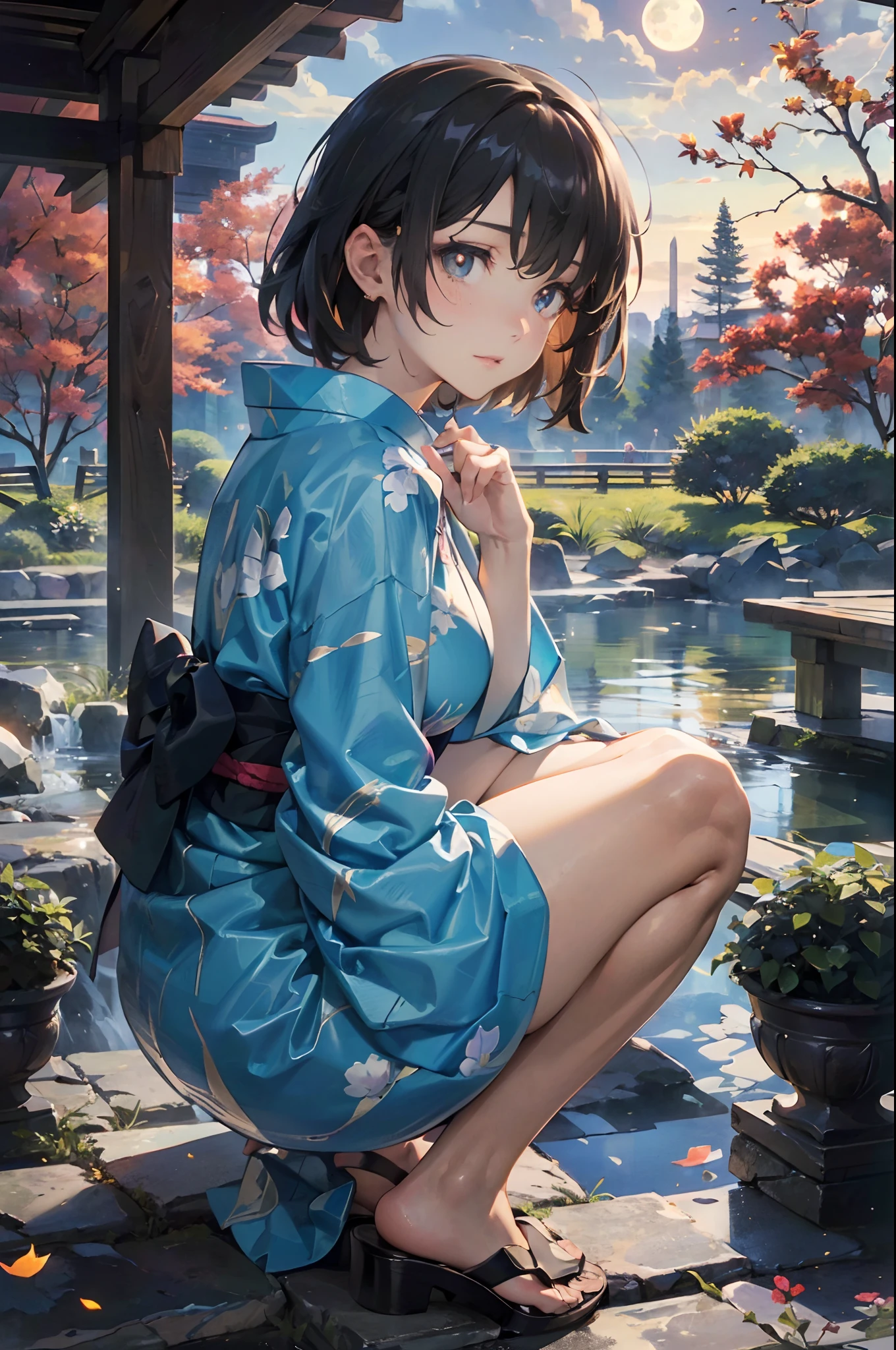 (Official art、Best Quality、Unity 8k Wallpapers、32K、masterpiece、ultra-detailliert、超A high resolution、Oil painting style:1.2)、A slender、Medium bust、(Full body:1.2)、(sideshot、Looking away:1.2)、Highly detailed background、Realistic pupils、Sharp pupils、blurry backround、Beautiful girl in yukata、(very detailed face and eyes、beauitful face、super detailed skin、detailed skin textures:1.3)、Japan garden、cowboy shot、Sit on the porch、moonlights、One full moon in the sky、Moon、dumpling、Autumn landscape、