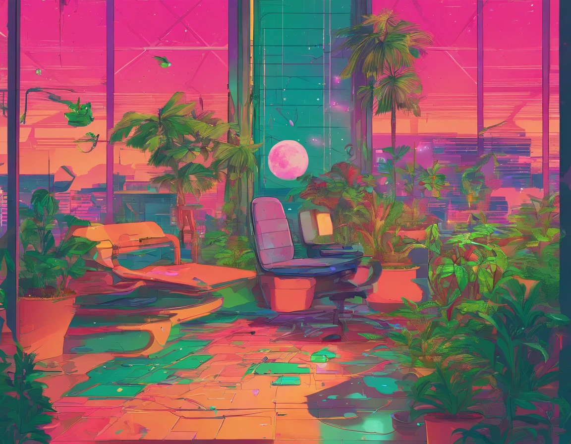 terrazzo,Full of greenery,catss,Outside the window is vintage architecture,themoon,Extremely colorful