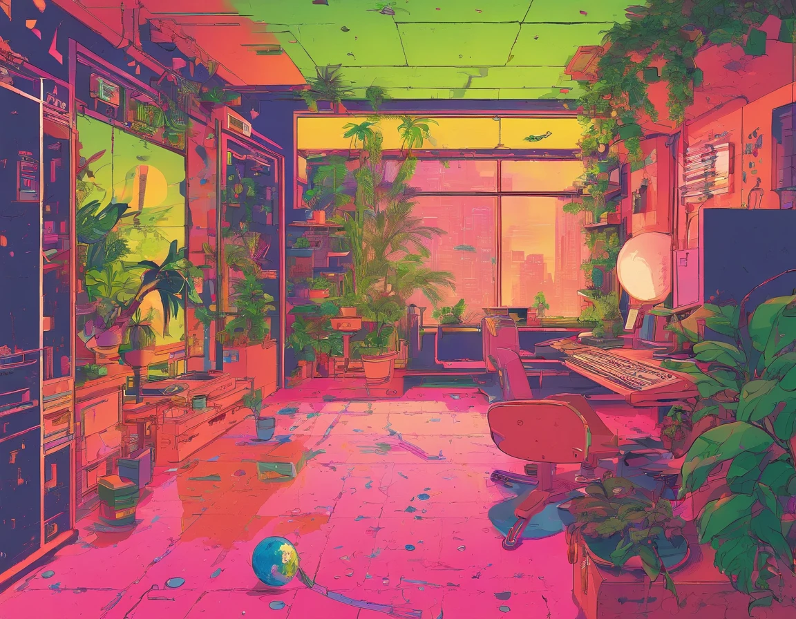 terrazzo，Full of greenery，catss，Outside the window is vintage architecture，themoon，Extremely colorful