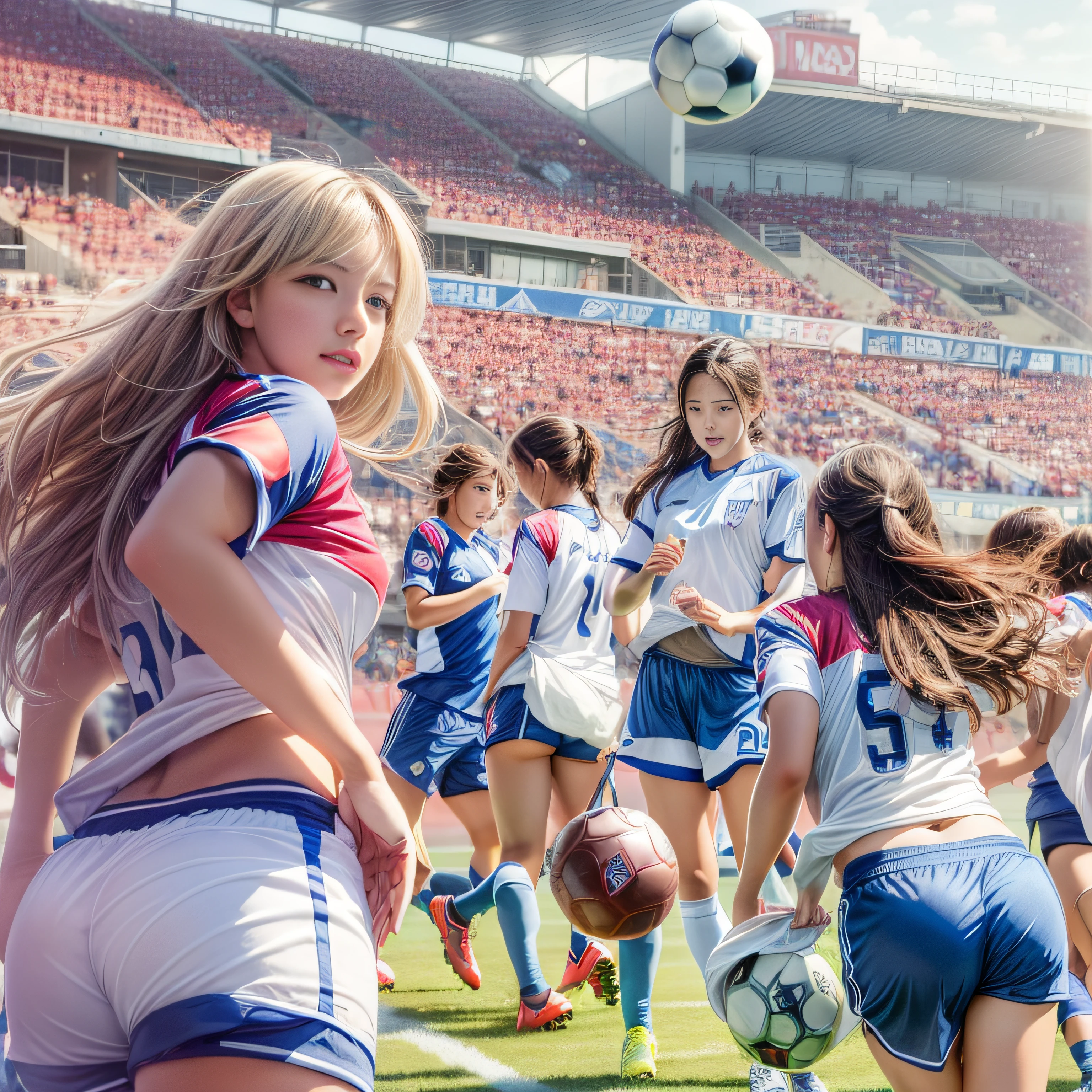 RAW image quality, (hight resolution, Best Quality, masutepiece:1.4), (15-year-old girl :1.3), Sparkly skin, narrow hips, Large pectoral teeth on the skin, (Woman in football clothes:1.3), Soccer Uniforms, Short shorts, Sweating Lots, (Above the football stadium:1.2), (Her panties are visible under her shorts:1.2), taut clothes, Pubic hair, Angry look, Blushing, Beautiful background, (Only 1 ball:1.4), (Soccer ball with a diameter of 21 cm:1.4), Detailed CG image quality,
