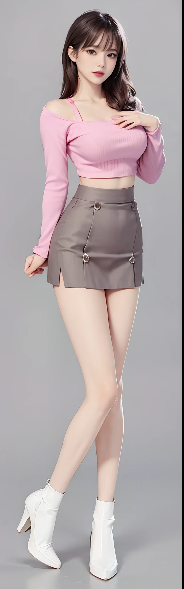 There is a woman in a skirt and a pink blouse posing, in clothes! Highly detailed, full body shot hyperdetailed, full body detailing, full body render, clothes high detail, realistic shadow perfect body, high detal, highly detailed whole body, high texture detail), highly detailed character, Highly detailed body, photorealistic full body, photorealistic perfect body