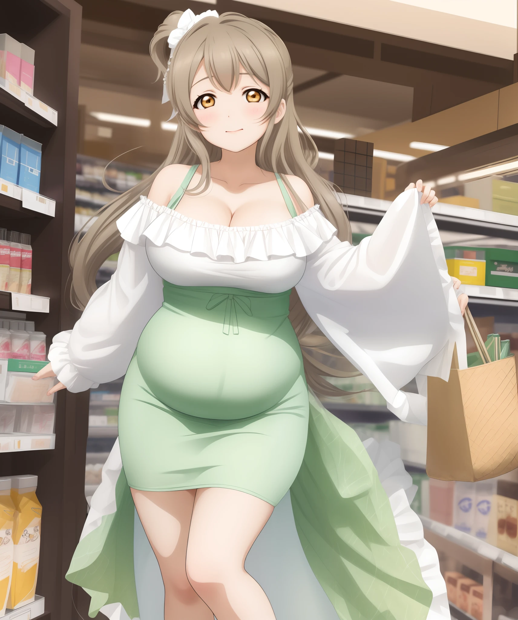 Minami kotori, curvy body, (pregnant:0.9),big breasts,off shoulder dress, pencil skirt ,standing, llchar,solo, cleavage, in supermarket, lactation, lactation through clothes