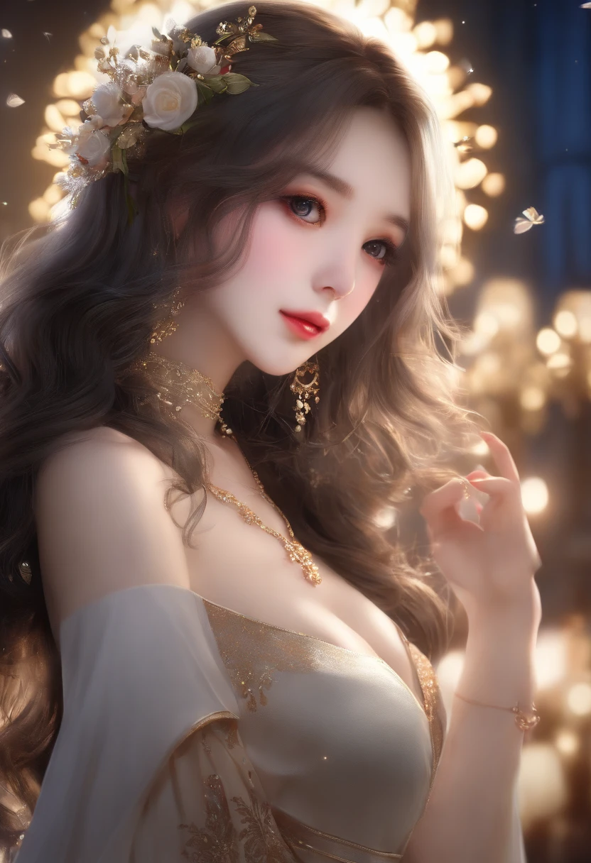 Estampados florales, (Night view background:1.5), (1girll:1.6), Long hair, ulzzang-6500v1.1, (Source language: 1.2), (Realistic: 1.3), beautiful girl with beautiful details, Extremely detailed eyes and face, Eyes with beautiful details, Absurd, unbelievable Ridiculous, hugefilesize, Ultra detail, high resolution, Ultra detailed, Best quality, Masterpiece, illustration, Ultra detailed and beautiful, Ultra detailed, CG, Unity, 8K wallpaper, Amazing, finedetail, Masterpiece, Top quality, offcial art, Extremely detailed Cg Unity 8K wallpaper, Cinematic lighting, (Perfect shiny skin:0.6), Slim and smooth lines, (Floating), Diamond earrings, (Upper body:1.5), (Small breasts:1.2), (yangmi:1.5),G breasts