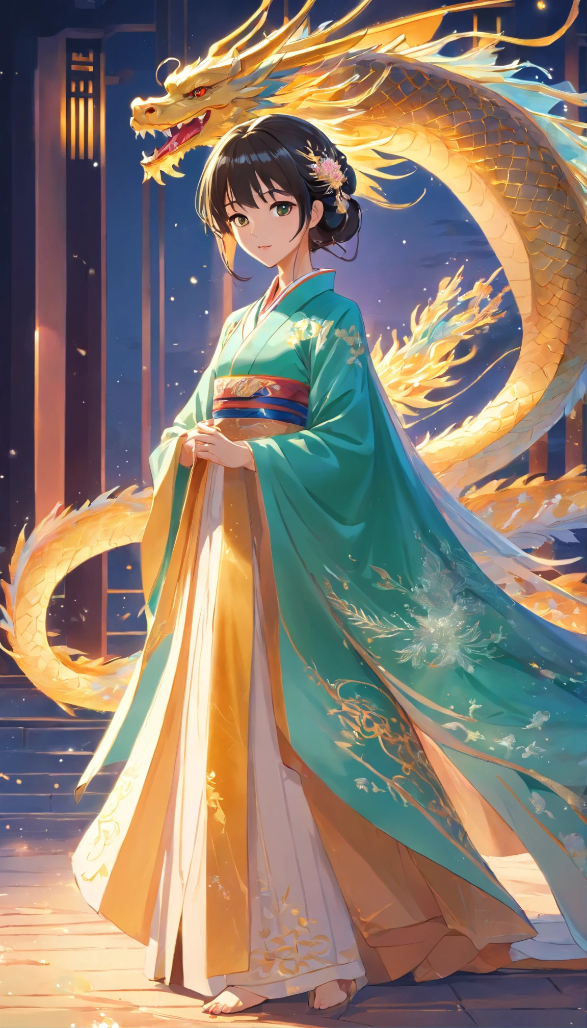 Stunning Chinese Hanfu wedding cape，Embroidered with crystal translucent dragon. The dragon shines like a diamond. The Dragon comes back to life，Drag a two-meter skirt. It's beautiful, noble, golden, Magic, Octane Rendering, Surreal, Bright background
