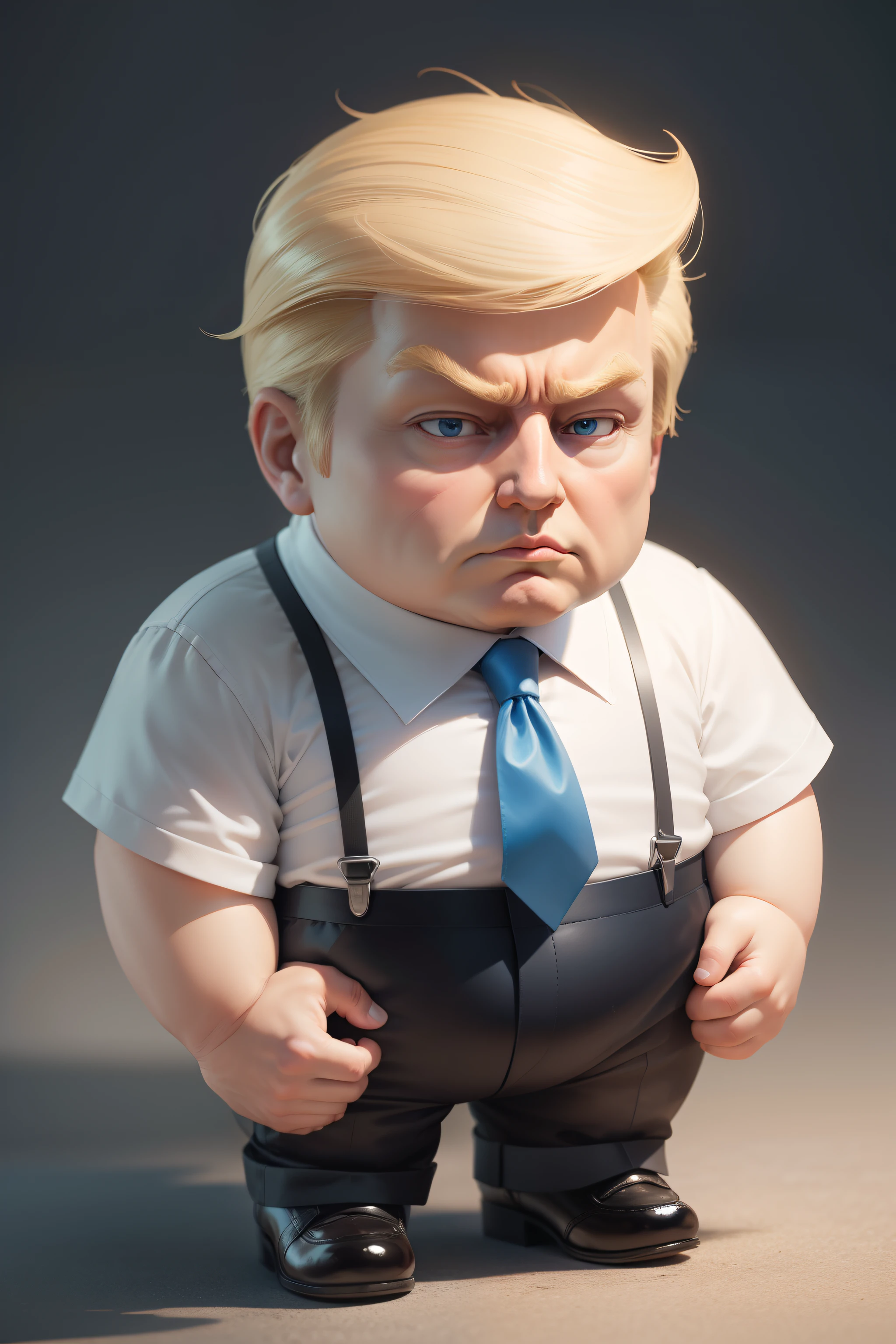Front View of Donald Trump standing, portrait of trump, portrait of Donald trump, Donald trump portrait, painting of Donald trump, Donald trumps sexy face, Donald trump's face, handsome Donald trump, Donald trump face, Donald trump’s face, wearing blue shoes,Big face, Giant face, Trump face, Small body, only one body, Donald Trump's Face, Tiny body, short body, 1 body, short legs, short arms, Donald Trump, one body, short upper body, large face, neutral face, looking at the camera, clipart, illustration, style fairy tales, character design, full body, full body shot, White background, maximum quality drawing of the face, Very High quality of the blue shoes, High quality drawing of the hair, Detailed eyebrows, 4k, sharp focus, smooth soft skin, symmetrical, detailed face,3d