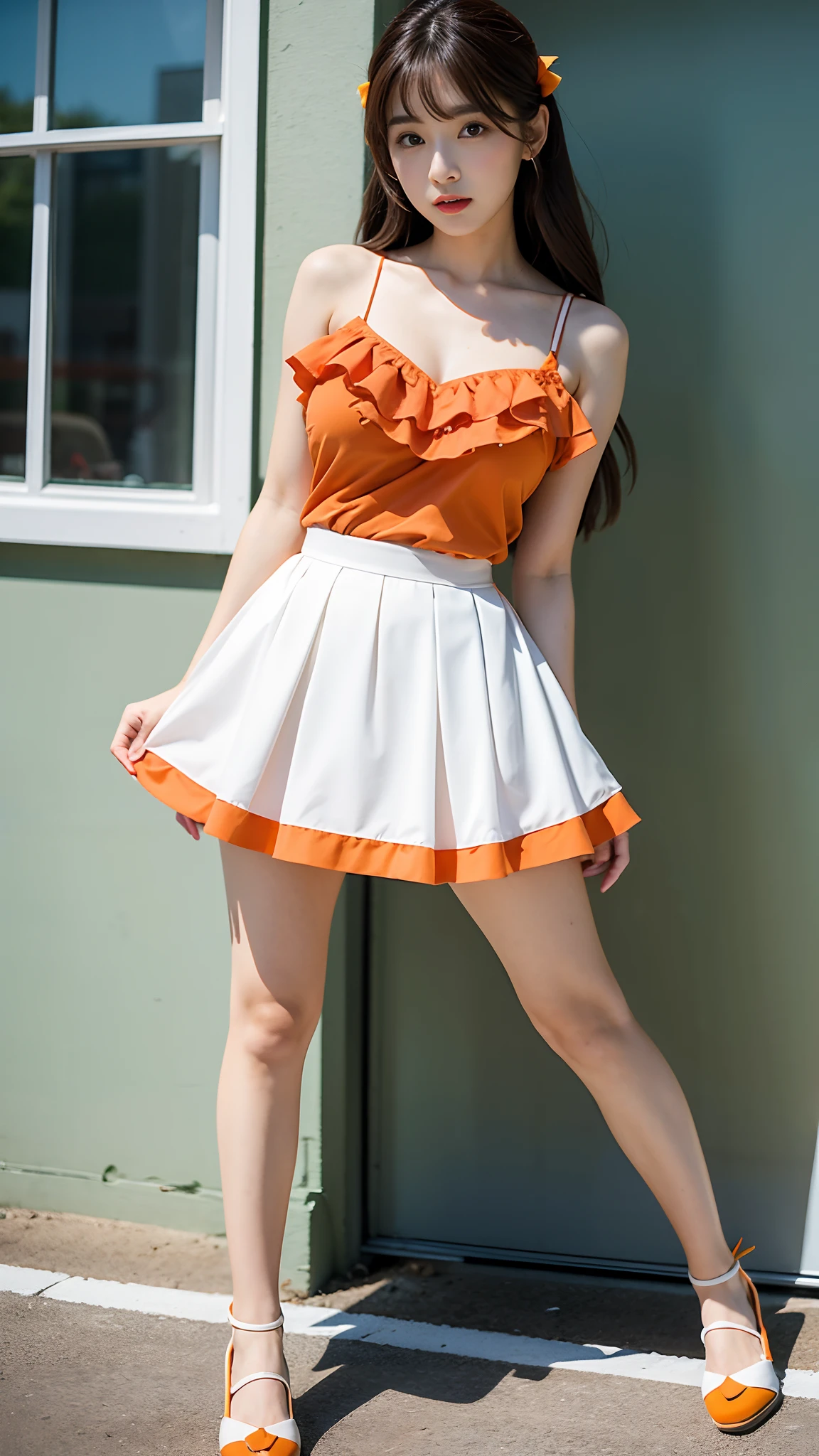 1girll,A full body girl,Large breasts,Summer dress,Brown eyes,Flip the hair,(Long legs:1.2),Pout,red waistband,Huang Songmo,Orange with white Echespo skirt,frilled legwear,Spikes,