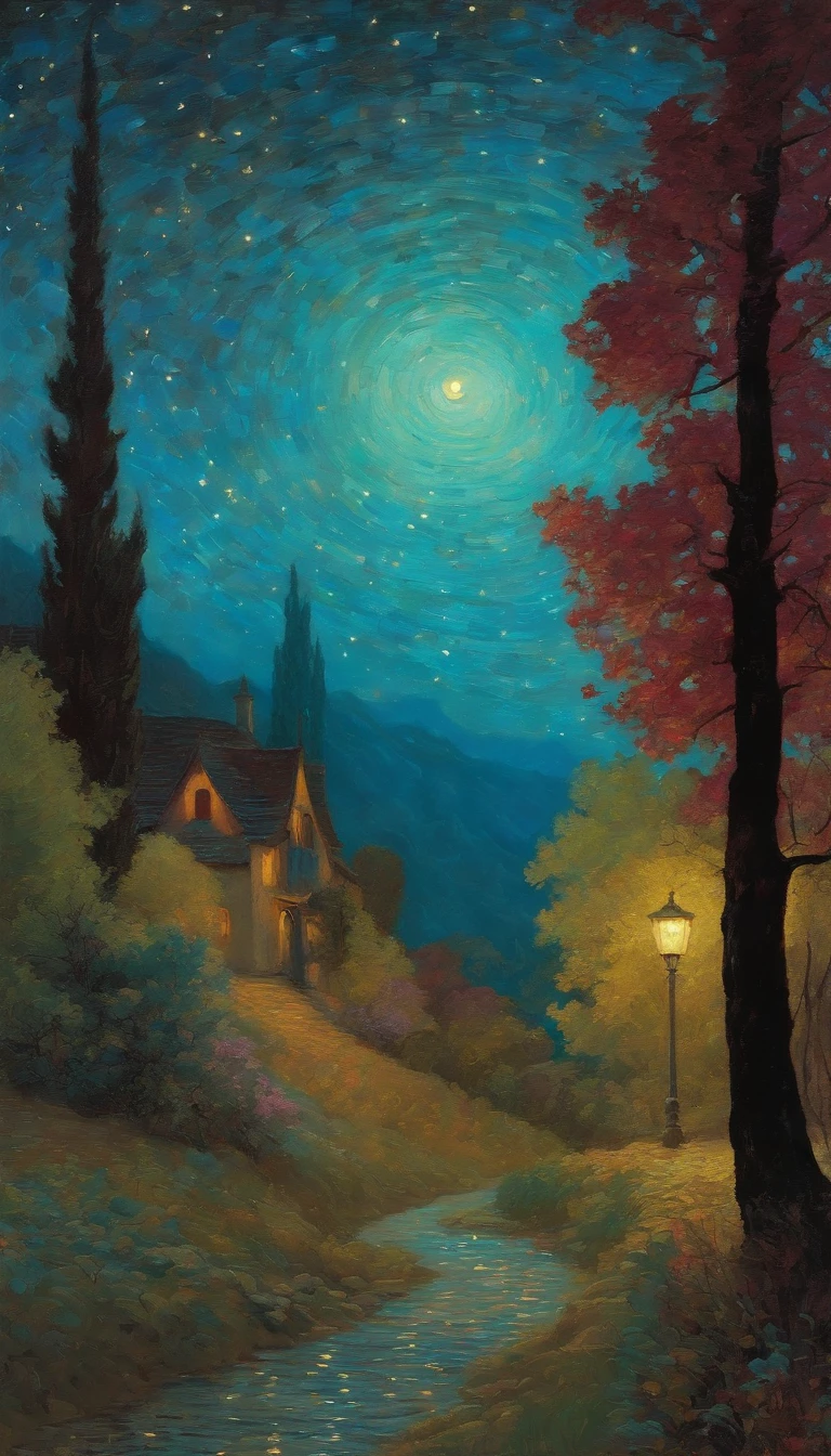 Van Gogh's 'Starry Night', cyan magenta gold, glowing light, flowing brush strokes, impasto by Maxfield Parrish, Alphonse Mucha