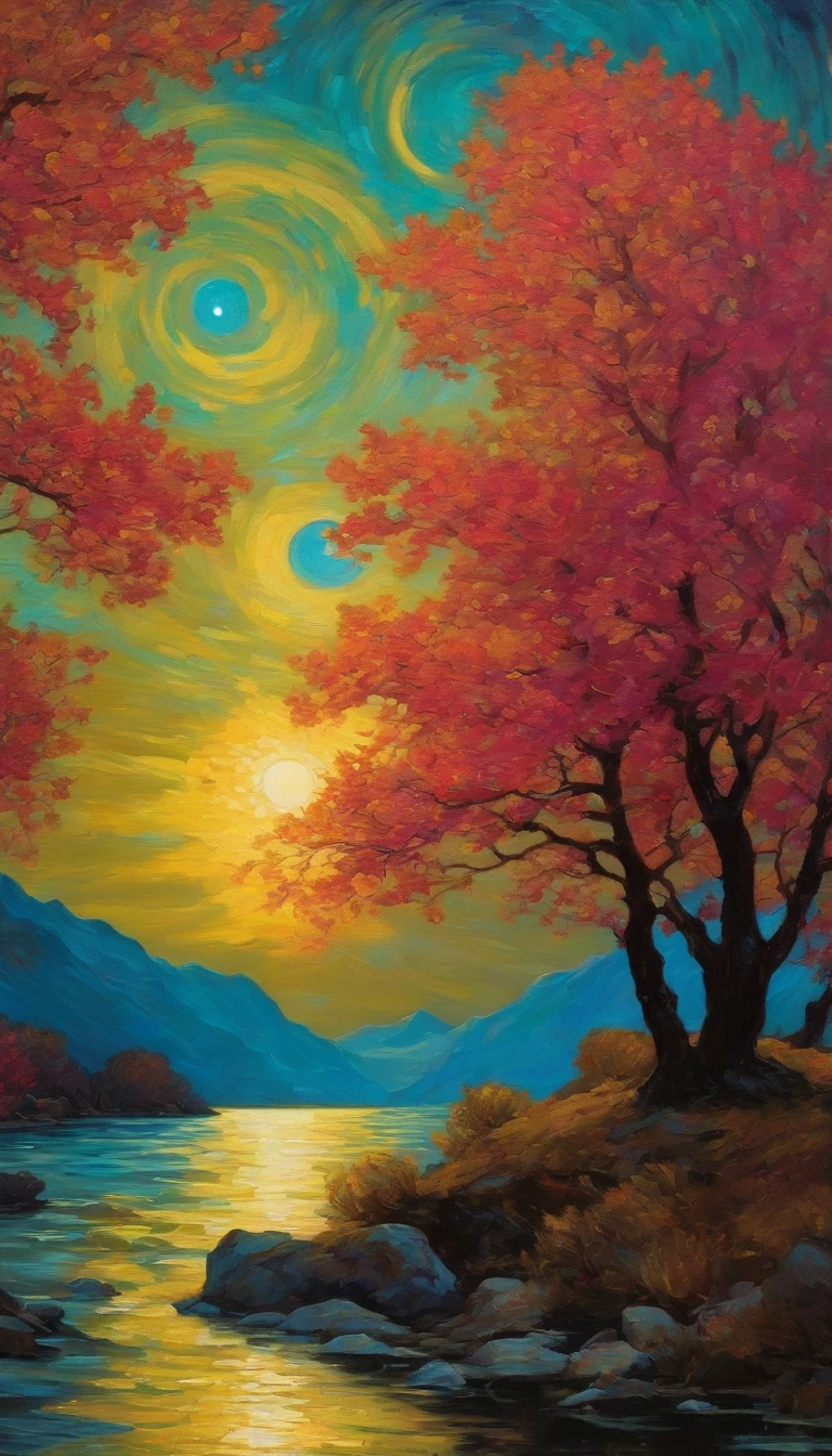 Van Gogh's 'Starry Night', cyan magenta gold, glowing light, flowing brush strokes, impasto by Maxfield Parrish, Alphonse Mucha