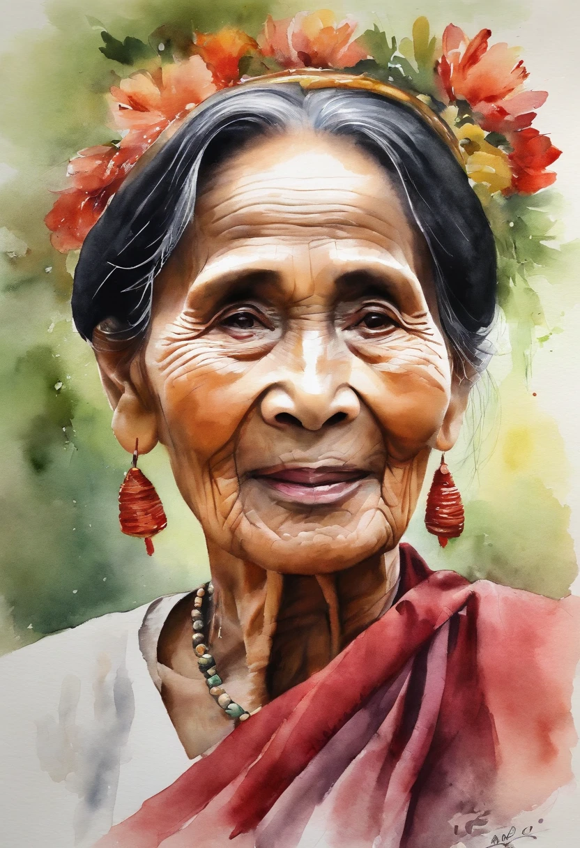 watercolor color portrait of ((Daw Aung Sann Su Kyi of Burma)), 70 years old lady with calm look and wise appearance. flowers on her hair ...