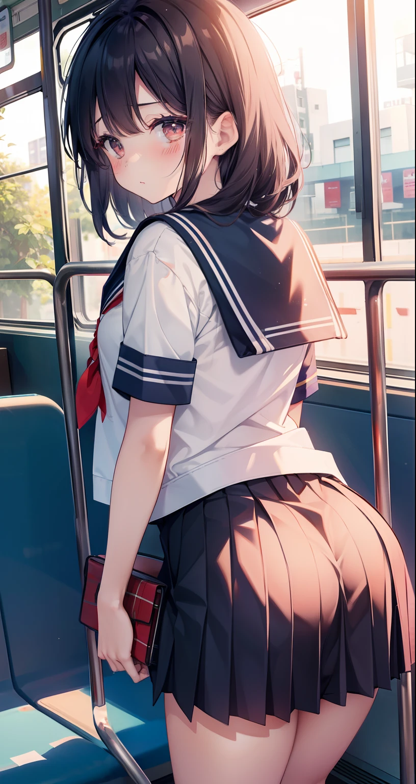 grab、、High school girl in sailor suit grabs ass on the bus、pleated skirt、a beauty girl1One person、teddy bears1One person、Grabbing buttocks、Molesting、Touching your buttocks on the bus、summer、red blush、