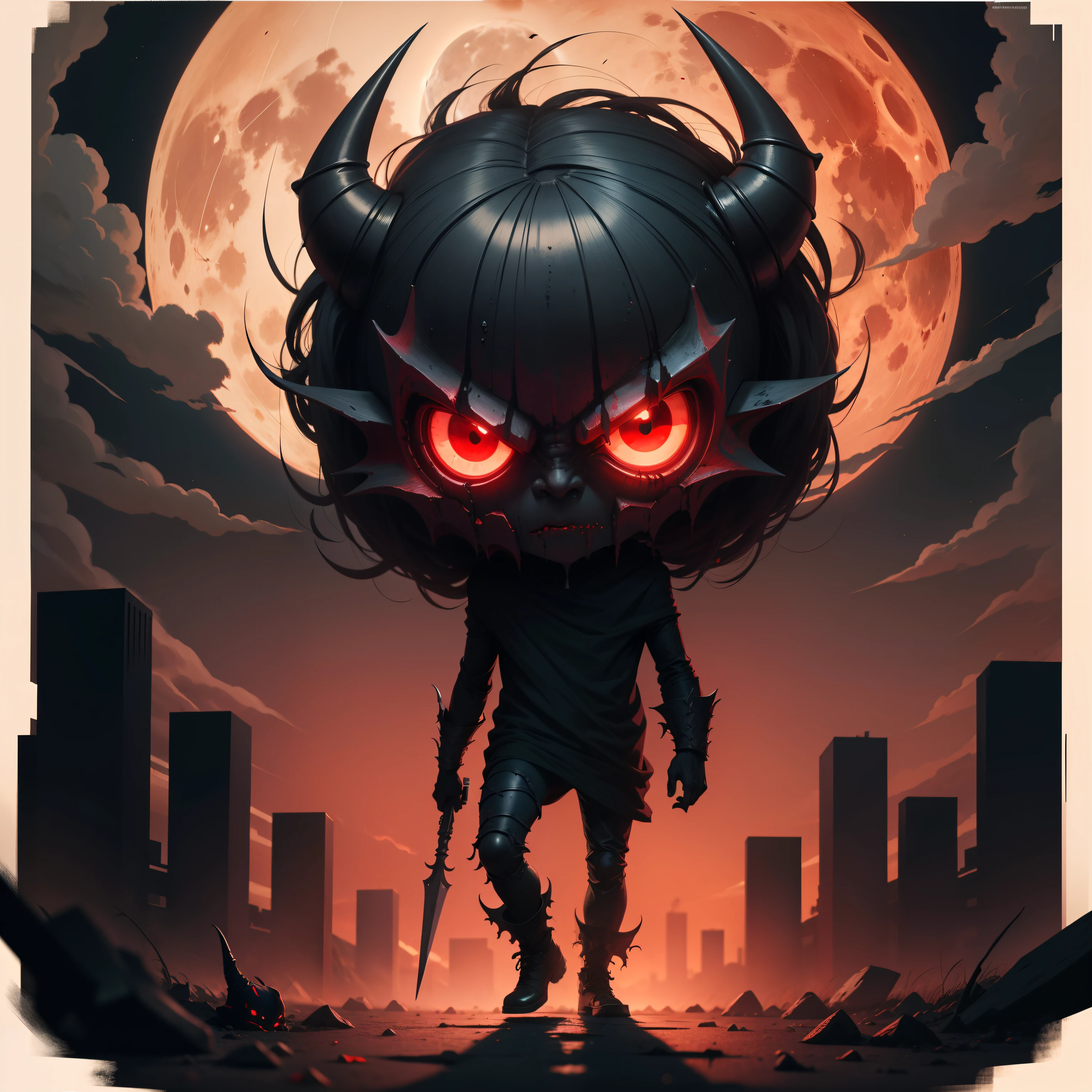 Devilish faceless small_Humanoid, With a two-edged weapon, Scary, Horror, Night, Dark, fall weather, full moon, Glowing red eyes, Evil, 1600s