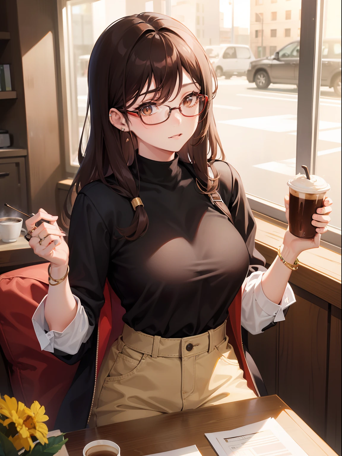 1人の女性、brown haired(Curta)、Brown eyes、Black-rimmed glasses、Ring piercing of the earlobe、seductive boobs、Coffee Time