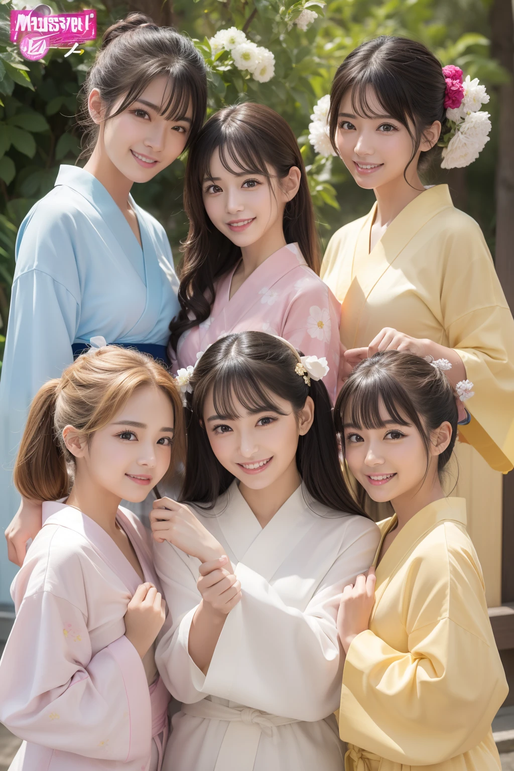 Outrageous resolution、hight resolution、(masterpiece:1.4)、ultra-detailliert、Crisp details、Dramatic and photorealistic pictorial art、Super Sentai Series、All in yukata(shuicolor、Light Yellow、white colors、Beige、pink there、Fivesome)Everyone smiles、