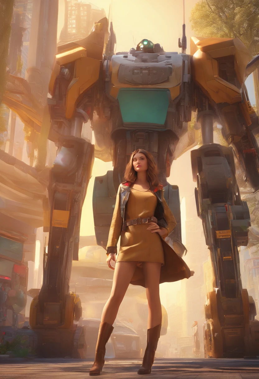 A woman in a dress stands in front of a giant robot, Don Mitz, portrait of sofia vergara, Promotional Art, attractive brown hair woman, Retropunk, The main character in the foreground, Inspired by Louis Paul, mechanic, anime visual of a young woman, Compute Shaders, Inspired by Donato Giancola, youtube thumbnail, Chrome Art