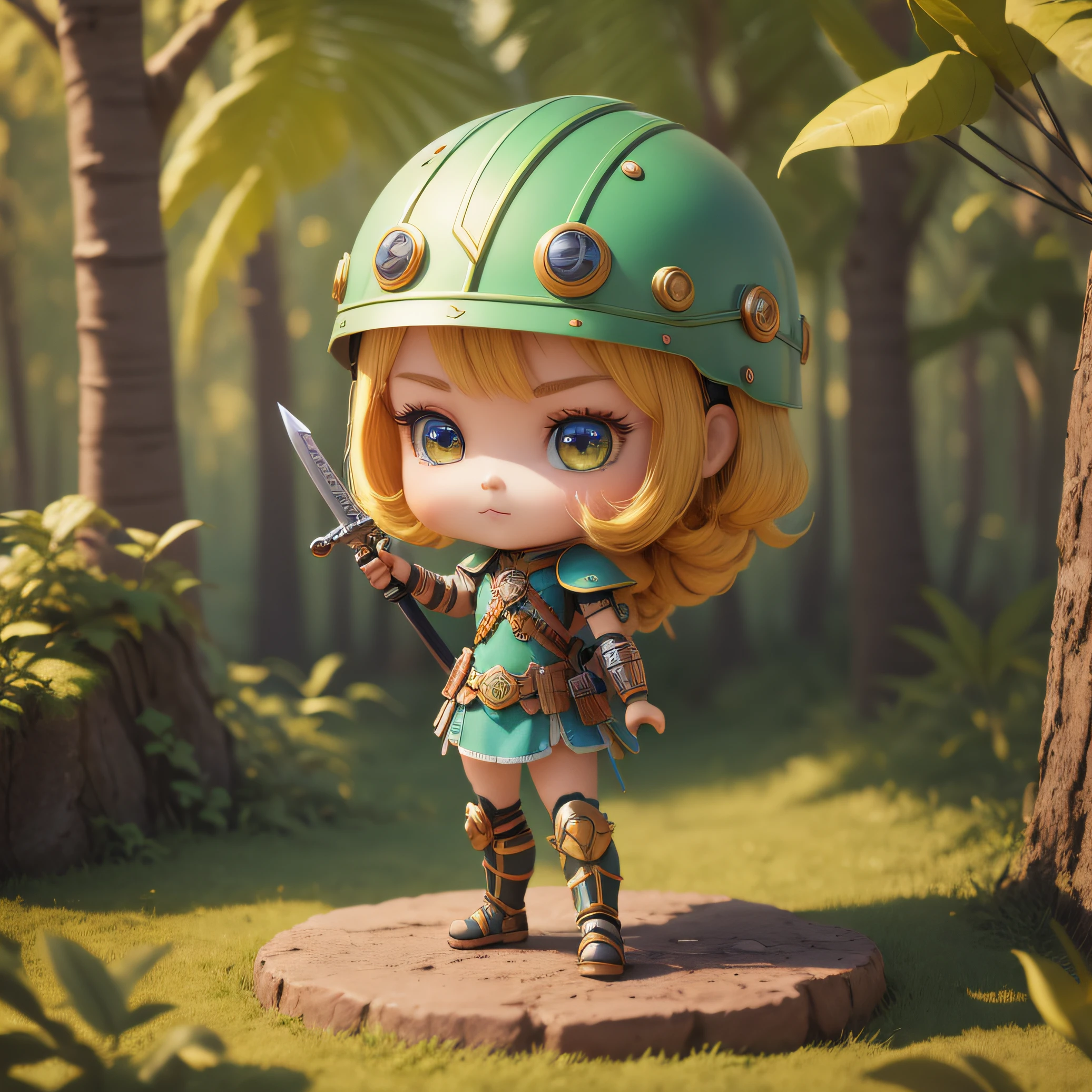 There is a small doll with a helmet, cute 3d render, Little Fairy Looking Up, Cute 3D anime boy rendering, cute detailed digital art, 3D rendering stylized, 3D rendered character art 8k, Cute Digital Painting, anime style 3D, super detailed render, Amazonia, strong con, Amazon Warrior, almond shape eyes, kawaii, A warrior, Amazon Warrior, strong con, holds a sword, holds a sword, holds a sword, fight, Jumping, Jumping