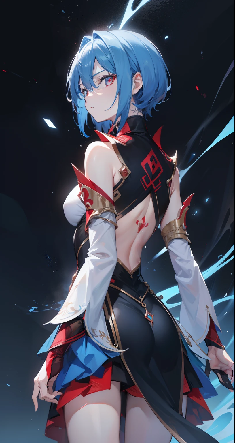 ((tmasterpiece，Wallpaper 4k，best quality))Ganyudef, Being red in the face, Daytime, Simple Backgound, Sky blue, Short detailed hair, Moody light,Light blue hair，Light particles，Blue Themes ，Busy body，expressionless face，bright，smooth thigh