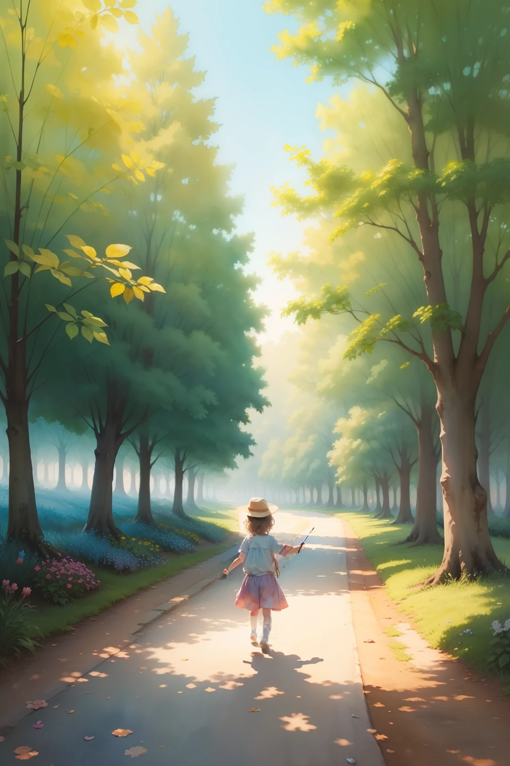 A whimsical watercolor painting with a charming angelic figure gently pointing to a winding, colorful path. The artwork embodies a childlike sense of adventure and curiosity