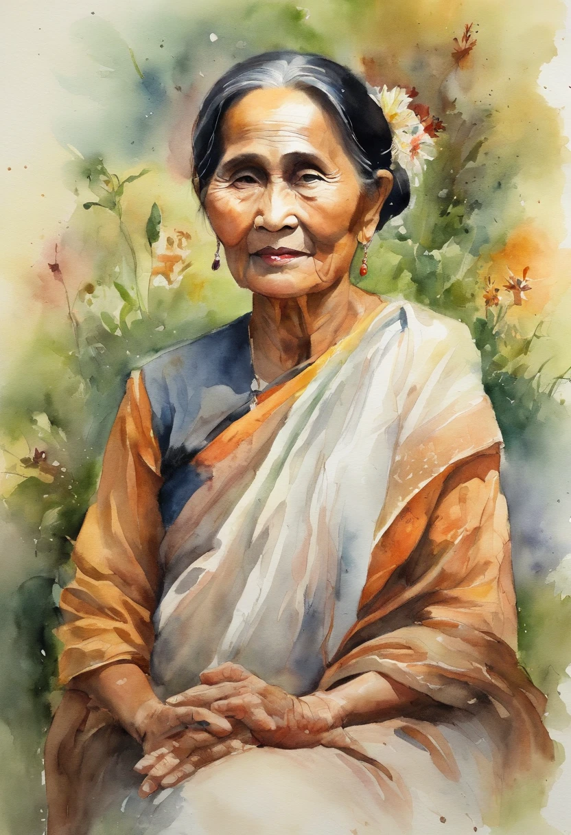 watercolor color portrait of (( Aung Sann Su Kyi )), 65 years old lady with calm look and wise appearance. flowers on hair ...