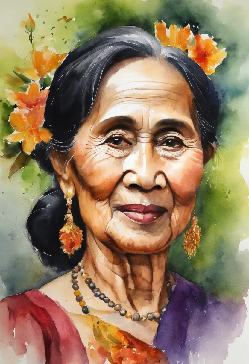 watercolor color portrait of (( Aung Sann Su Kyi )), 65 years old lady with calm look and wise appearance. flowers on hair ...