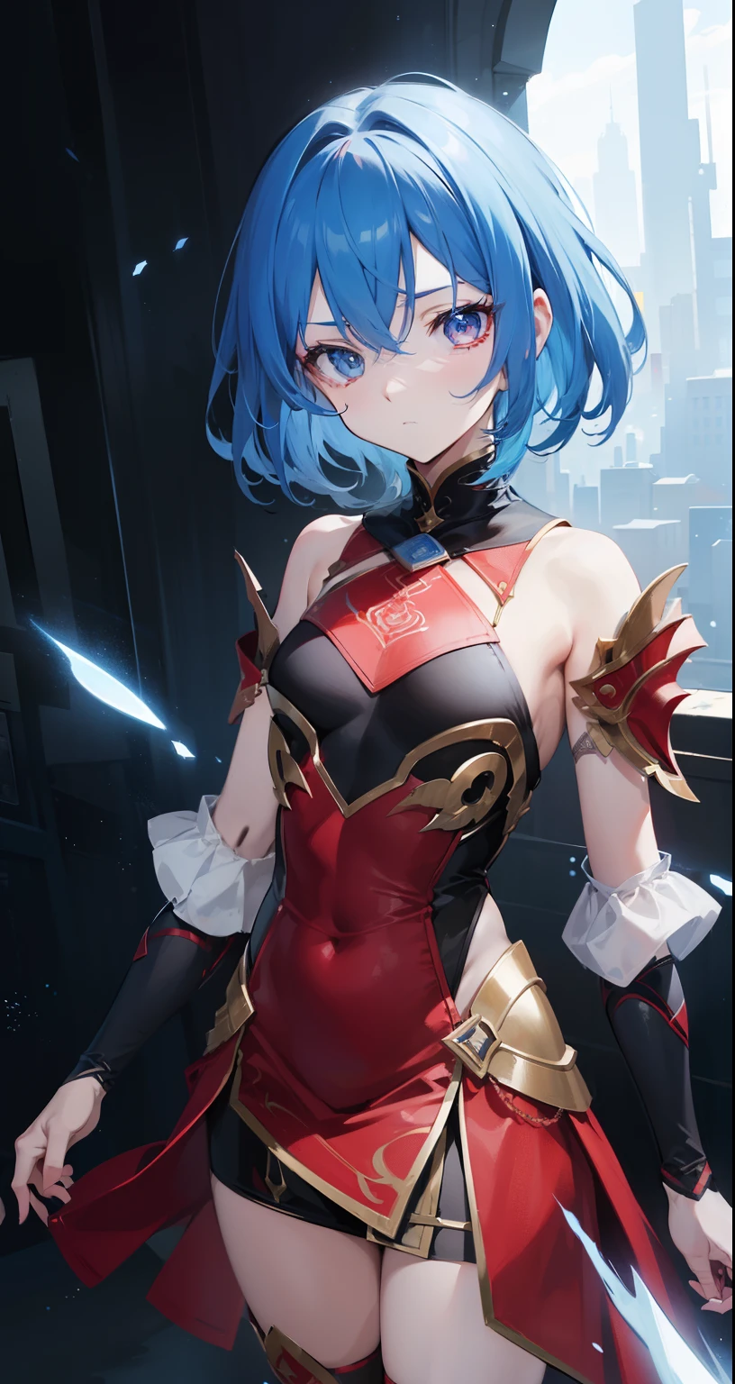 ((tmasterpiece，Wallpaper 4k，best quality))Ganyudef, Being red in the face, Daytime, Simple Backgound, Sky blue, Short detailed hair, Moody light,Light blue hair，Light particles，Blue Themes ，Busy body，expressionless face，bright，smooth thigh