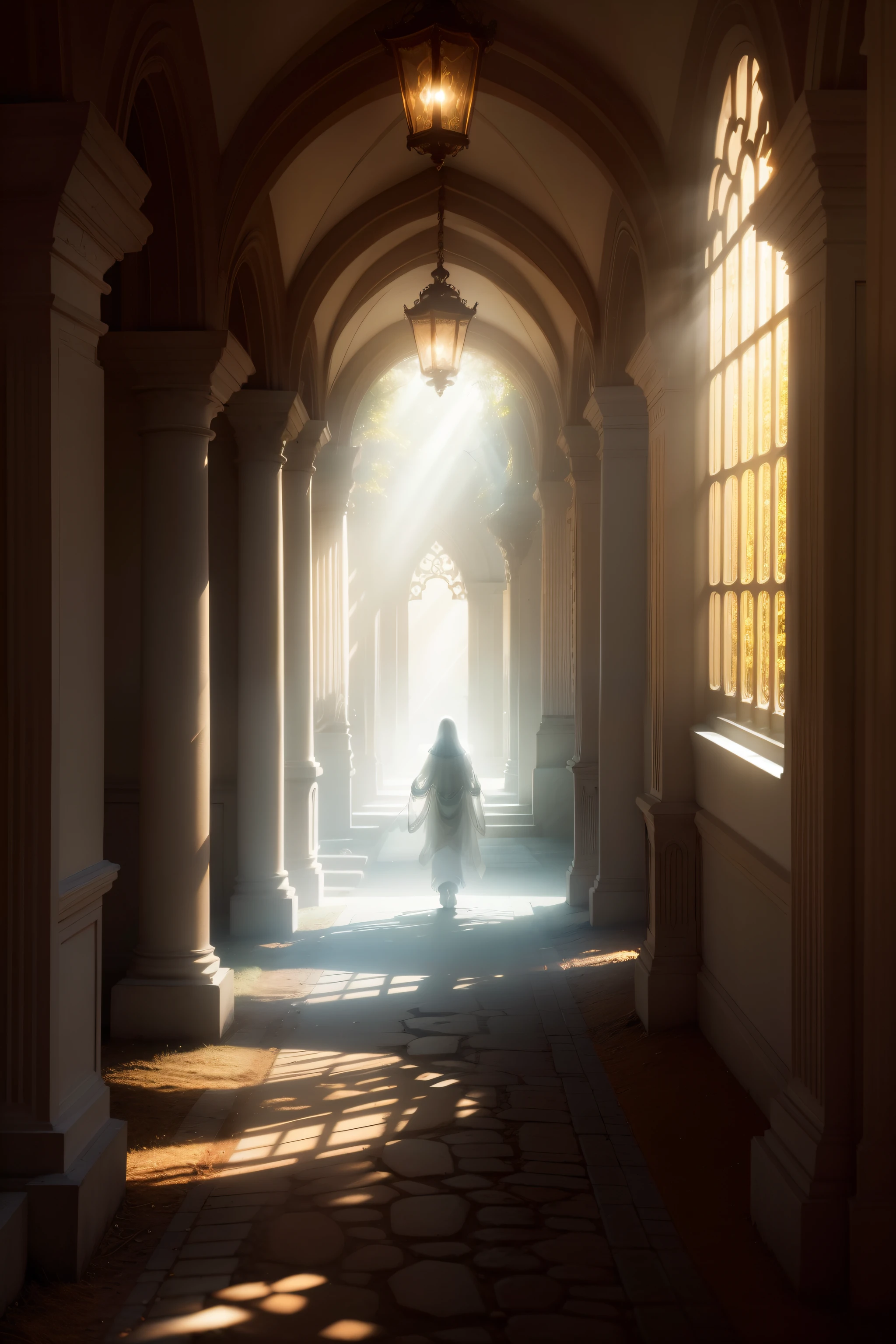 A mystical photograph featuring a beam of light shining down, illuminating a path, with an ethereal angelic figure subtly pointing the way to walk. The scene conveys a sense of divine guidance