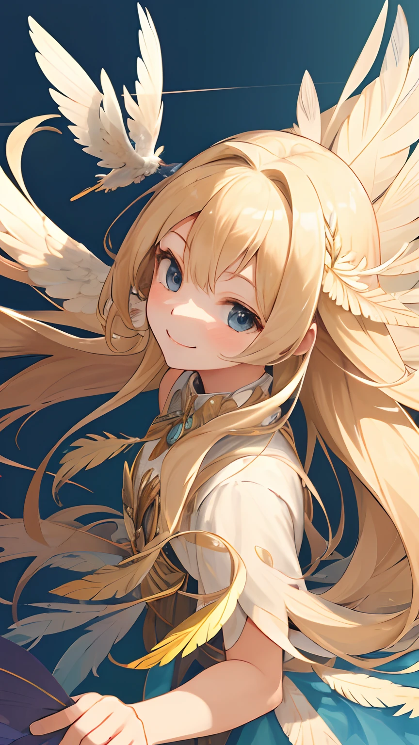 (masterpiece,best quality, ultradetail), on front, 1girl, top view, 
platinum blonde longhair, 
cheerful smile, 
feathers flutter on the back, angelic, Demeter,