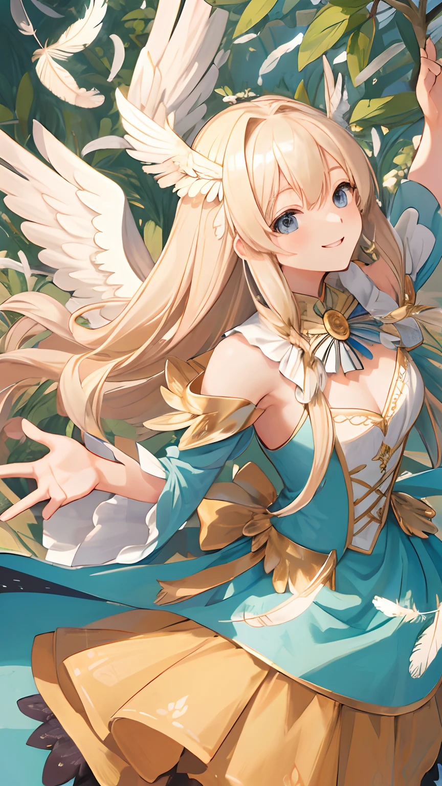 (masterpiece,best quality, ultradetail), on front, 1girl, top view,
platinum blonde longhair,
cheerful smile,
feathers flutter on the back, angelic, Demeter,