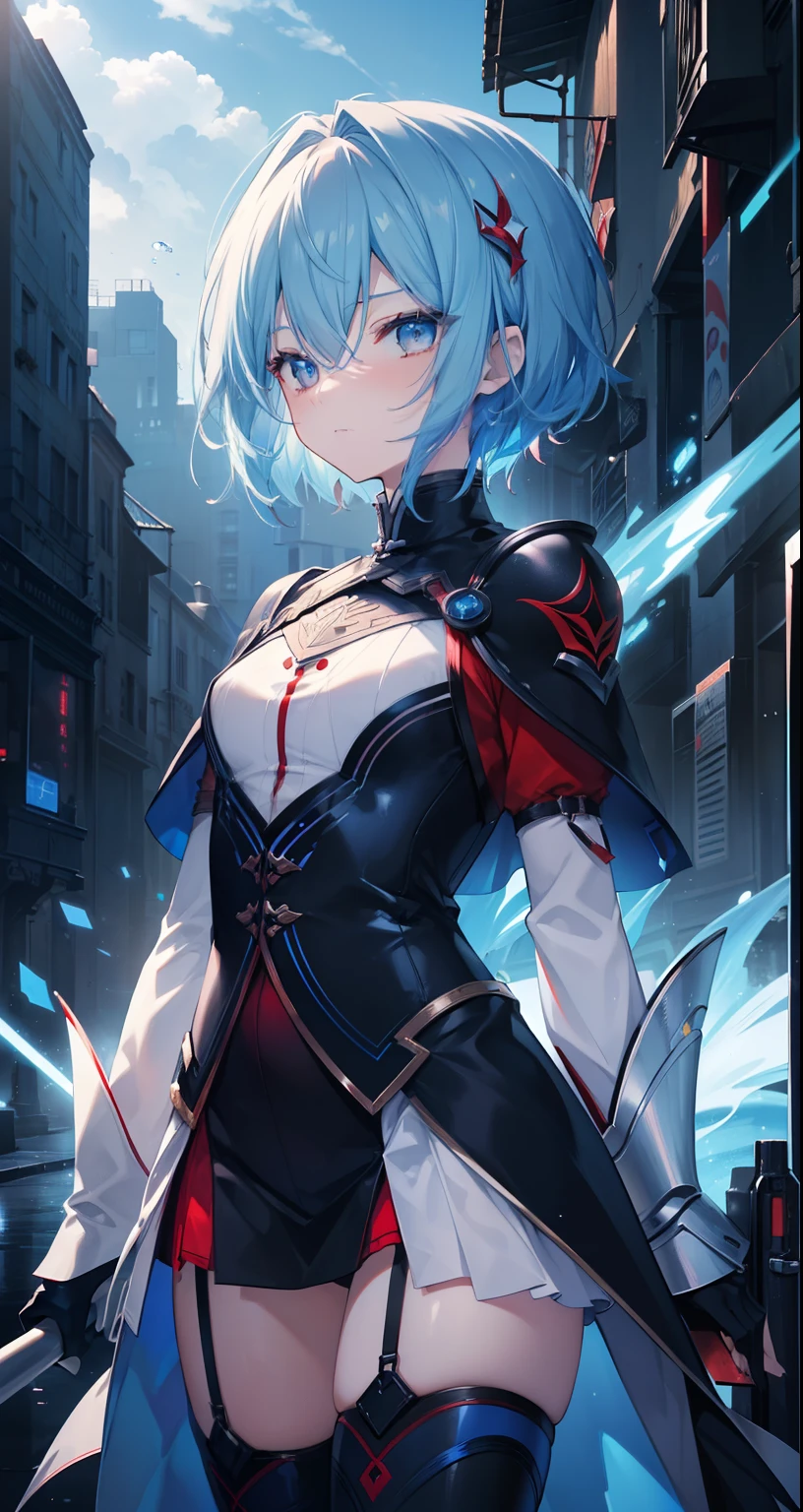 ((tmasterpiece,Wallpaper 4k,best quality))Ganyudef, Being red in the face, Daytime, Simple Backgound, Sky blue, Short detailed hair, Moody light,Light blue hair,Light particles,Blue Themes ,Busy body,expressionless face,bright,smooth thigh